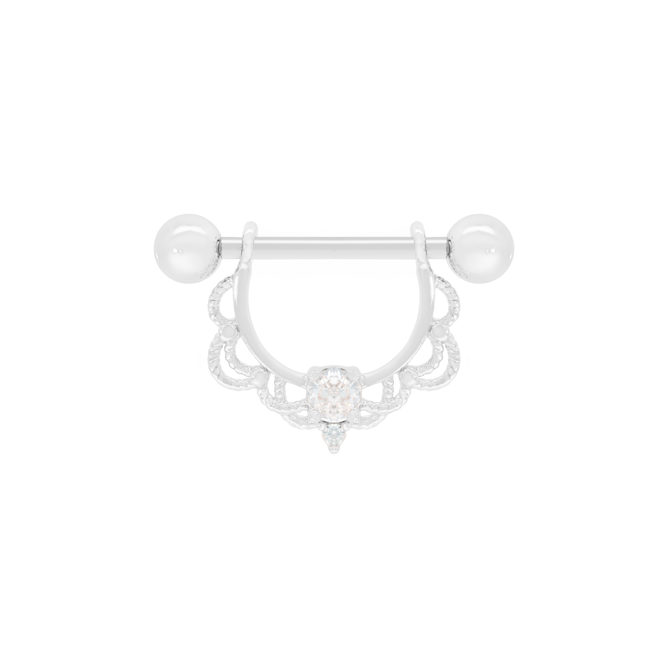 Sabrina Filigree Gemstone Nipple Bar Piercing - Crystal Silver