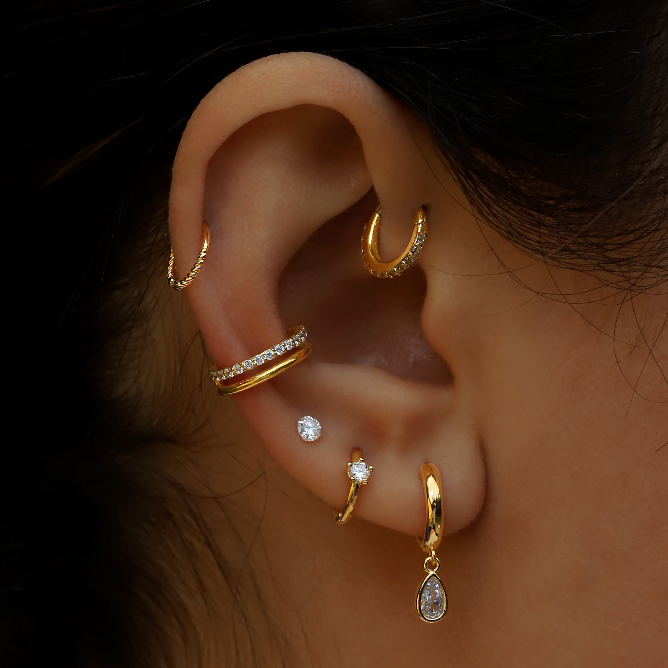 Futures Double Band Helix Conch & Cartilage Hoop Piercing On Model - Gold