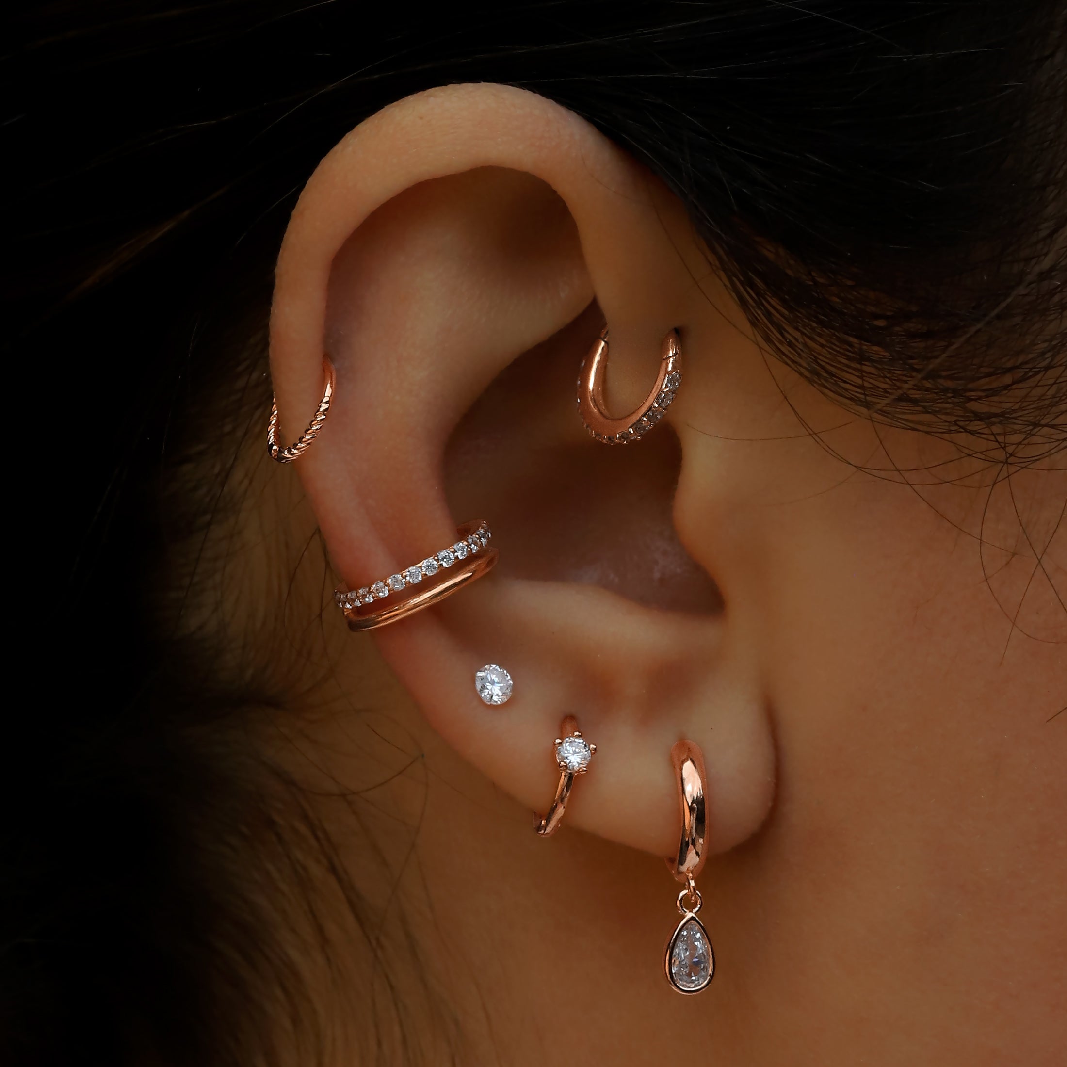 Futures Double Band Helix Conch & Cartilage Hoop Piercing On Model - Rose Gold