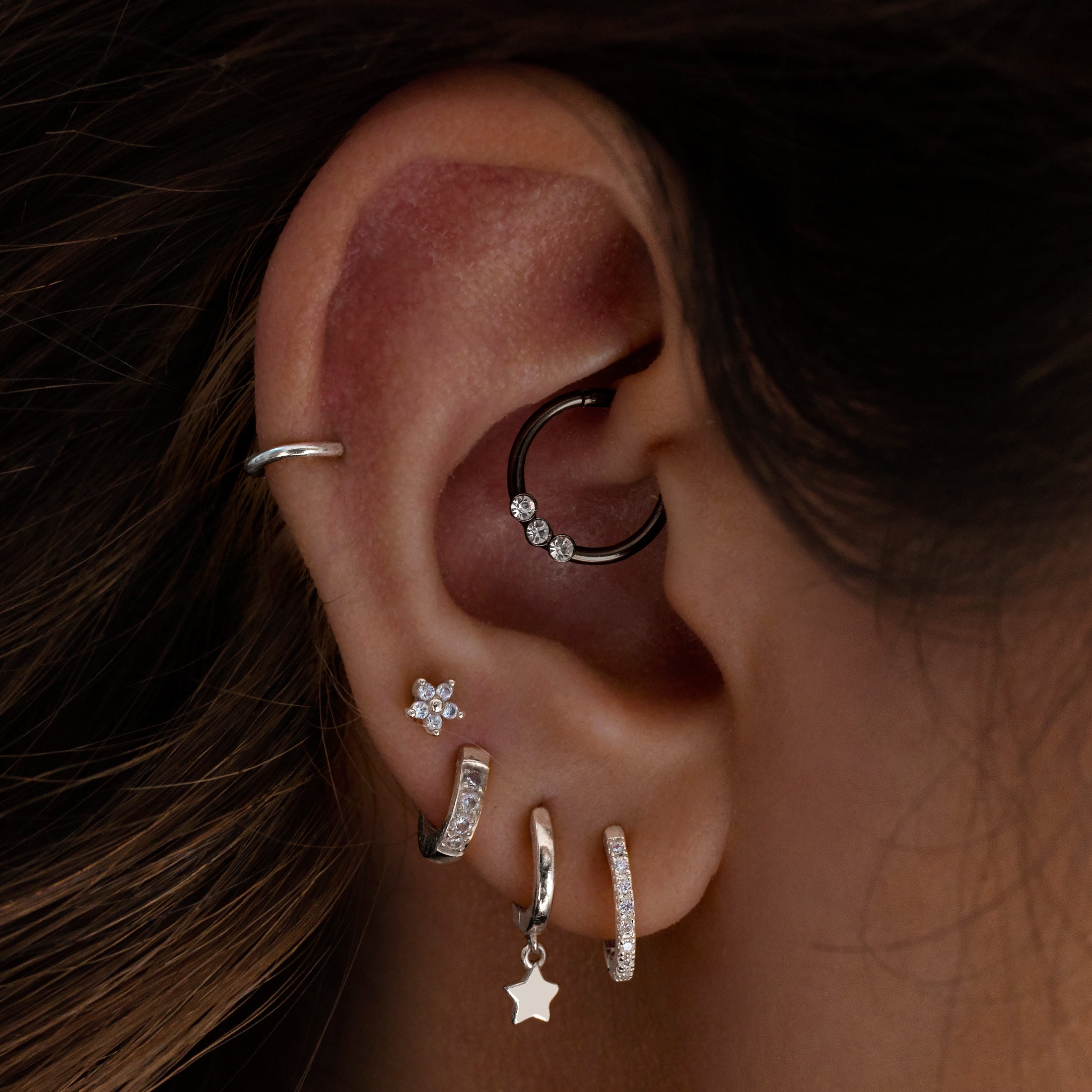 Triple Gem Helix Daith Septum & Cartilage Hoop Piercing On Model - Black