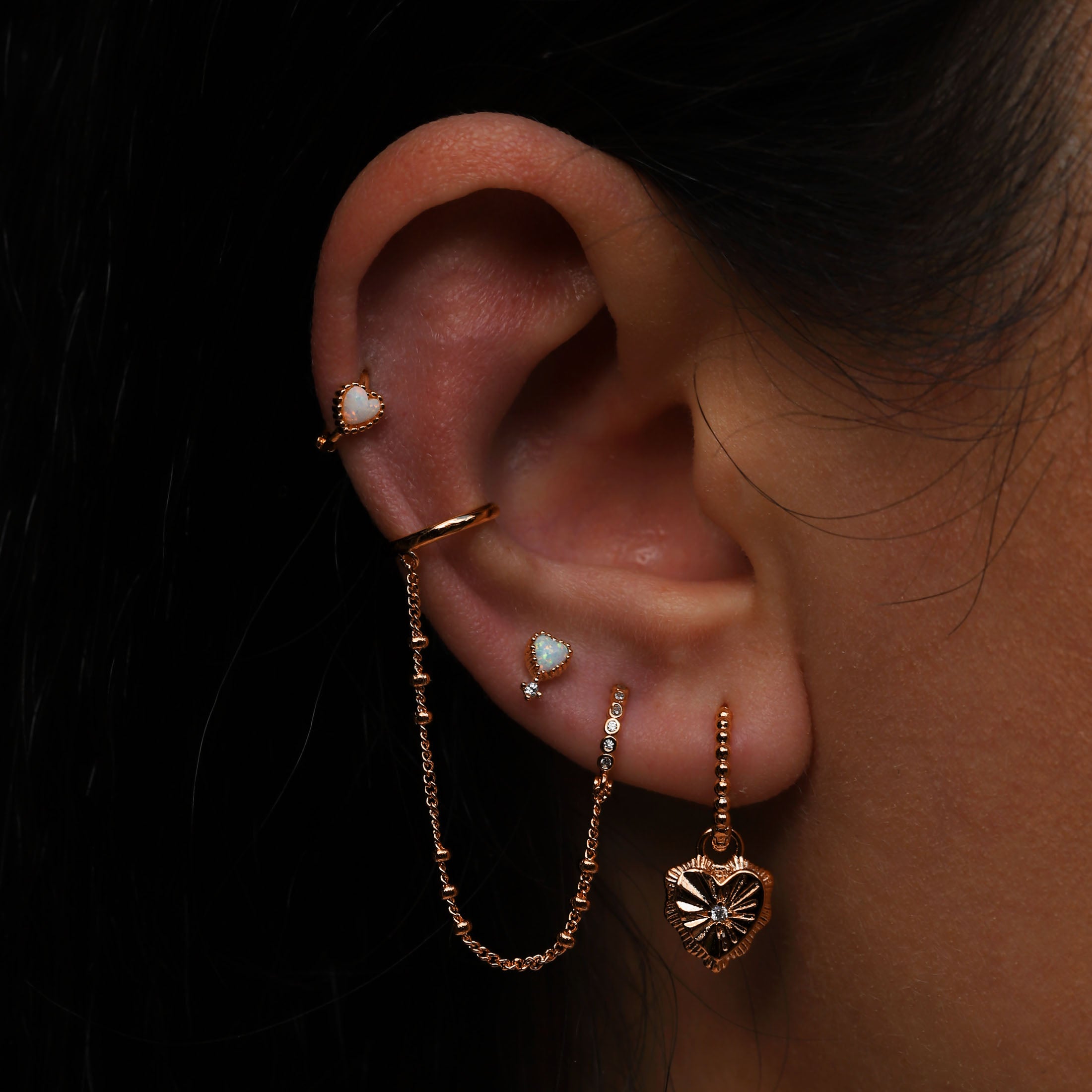 Affection Helix Tragus Cartilage & Conch Ear Piercing On Model - Rose Gold