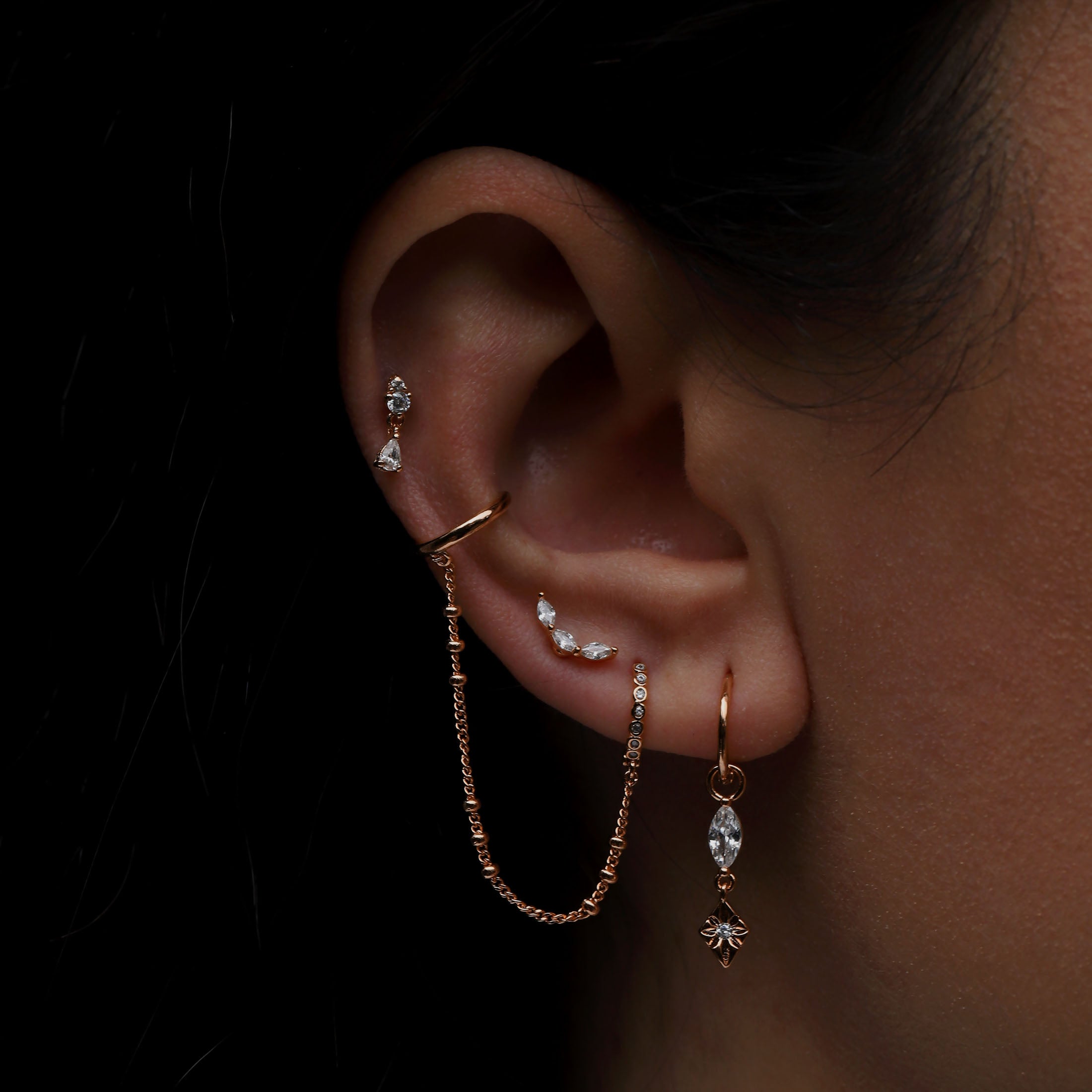 Alina Gemstone Tragus Helix Cartilage & Conch Ear Piercing On Model - Rose Gold