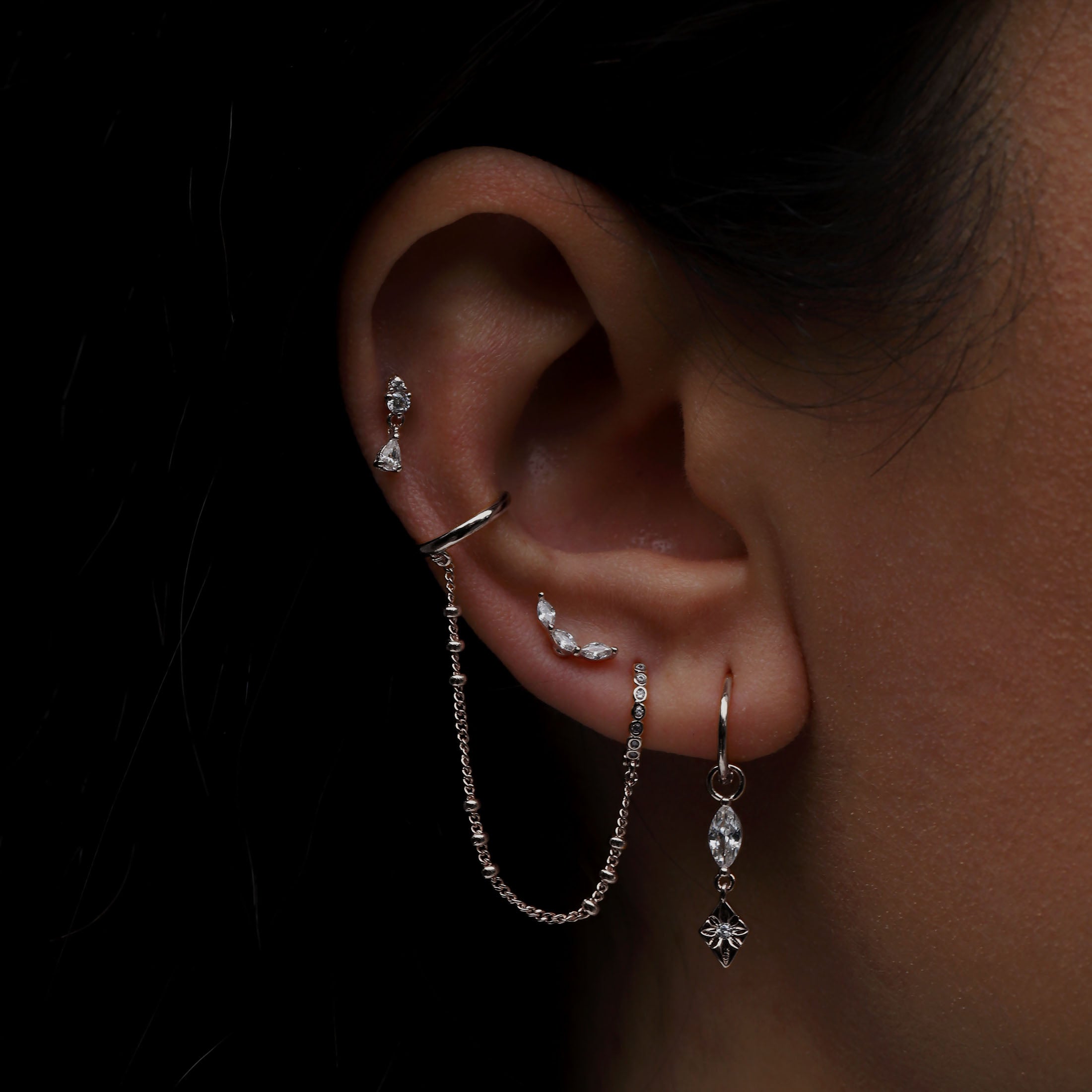 Alina Gemstone Tragus Helix Cartilage & Conch Ear Piercing On Model - Silver
