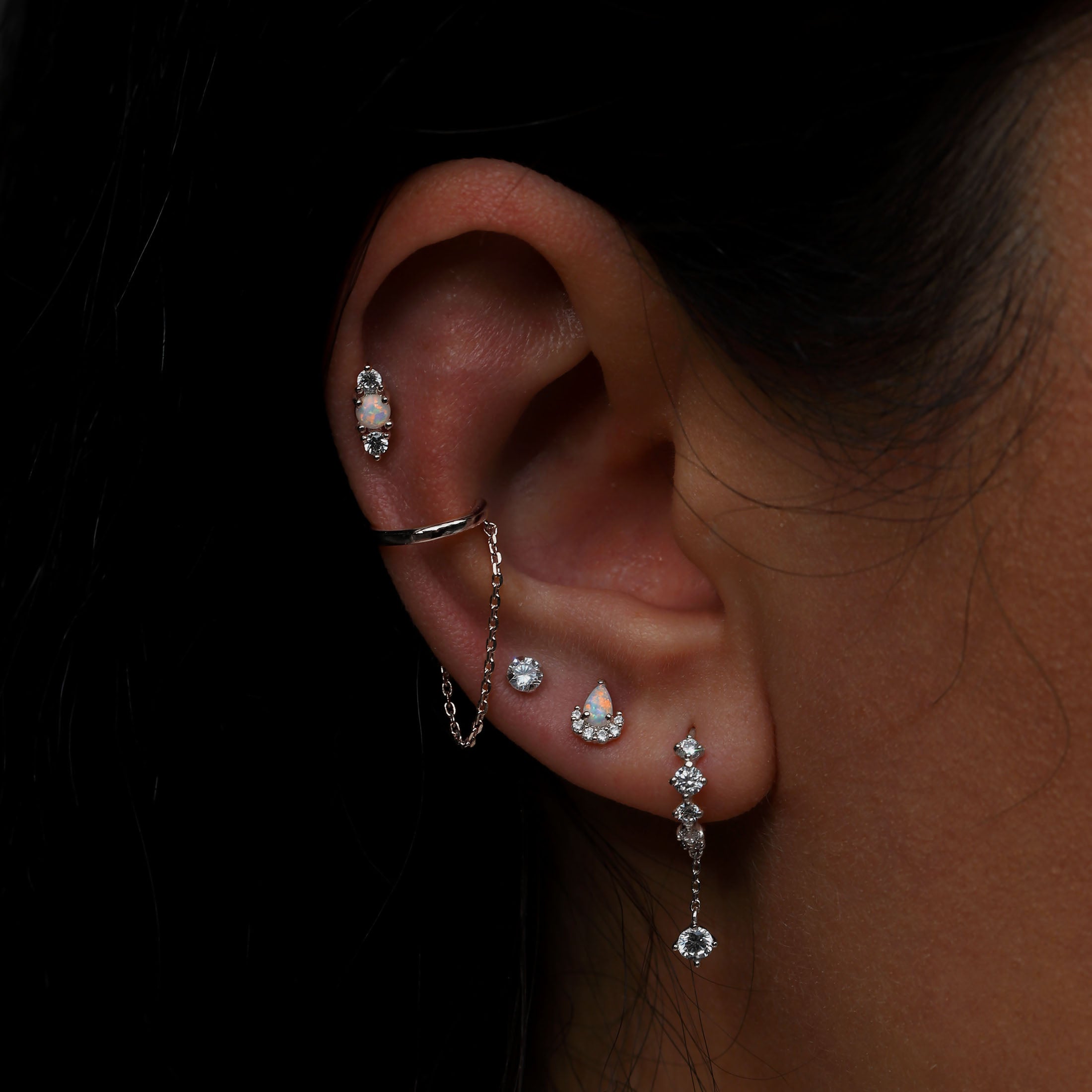 Ariel Opal Gemstone Helix Tragus Cartilage & Conch Ear Piercing On Model - Sterling Silver
