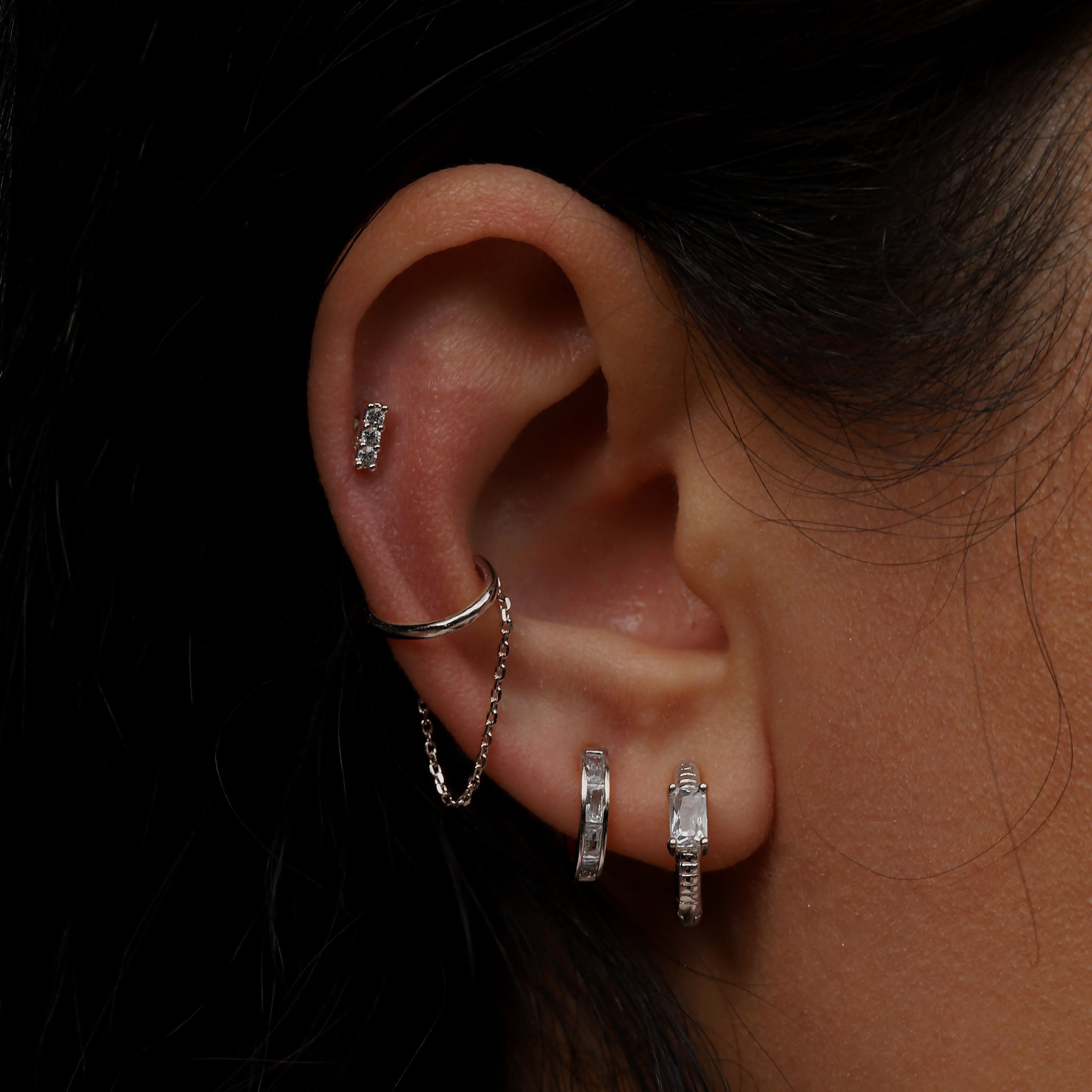 Ascension Gemstone Helix Tragus Cartilage & Conch Ear Piercing On Model - Sterling Silver