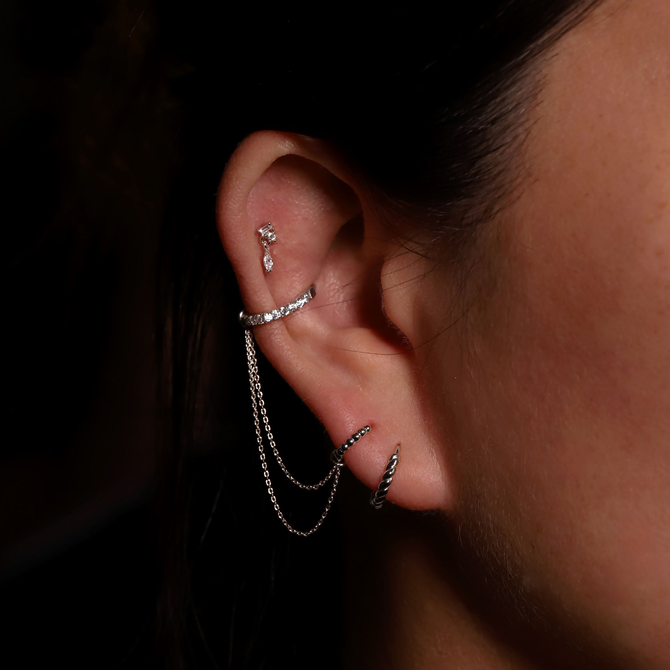 Axis Gemstone Helix Tragus & Cartilage Ear Piercing On Model 2 - Sterling Silver