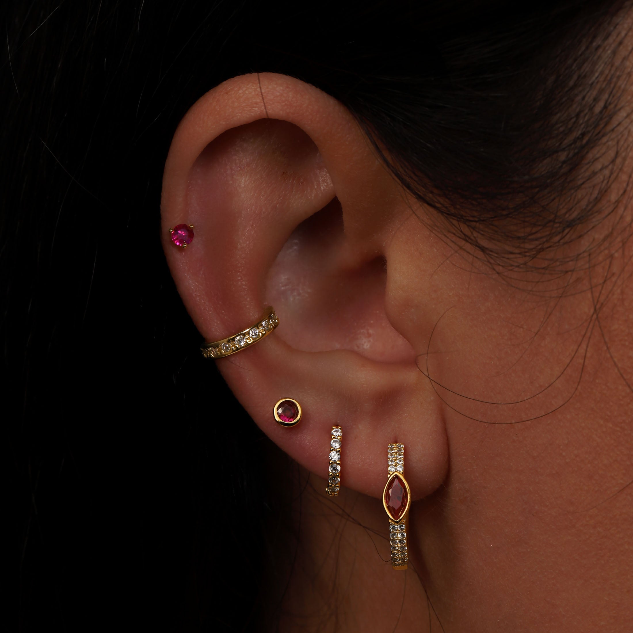 July Birthstone Tragus Helix Cartilage & Conch Ear Piercing On Model - Gold
