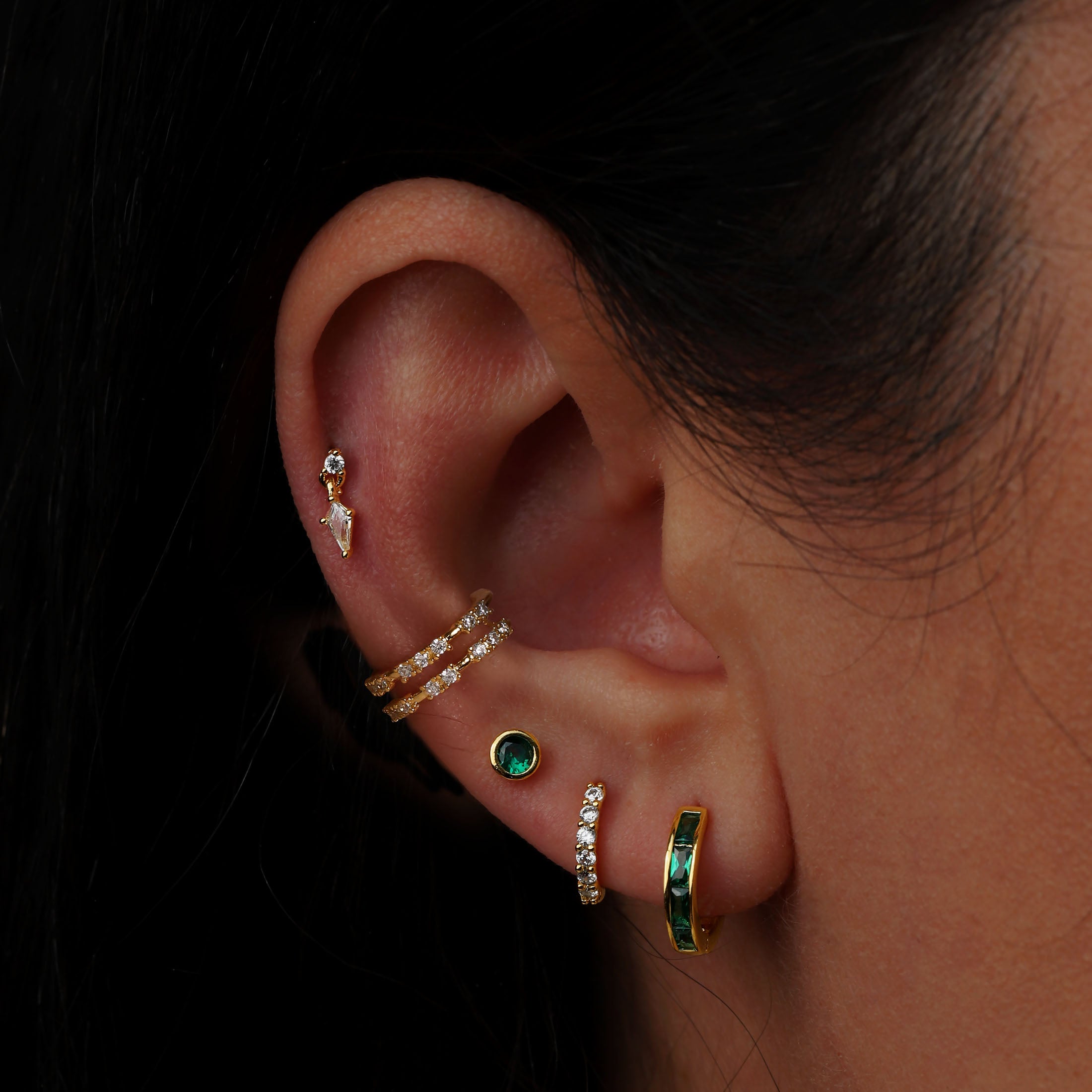May Birthstone Tragus Helix Cartilage & Conch Ear Piercing On Model - Gold