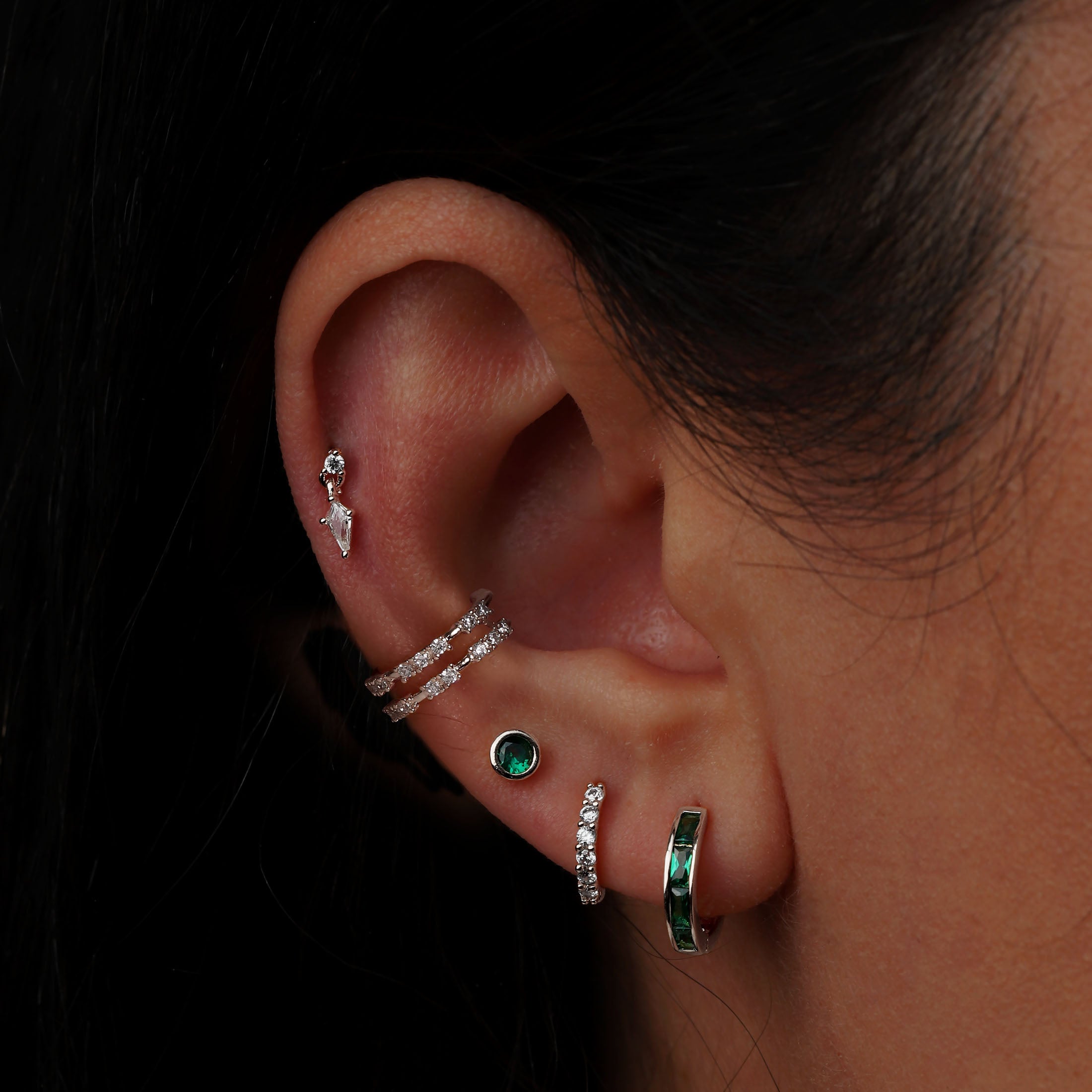 May Birthstone Tragus Helix & Conch Ear Piercing On Model - Sterling Silver