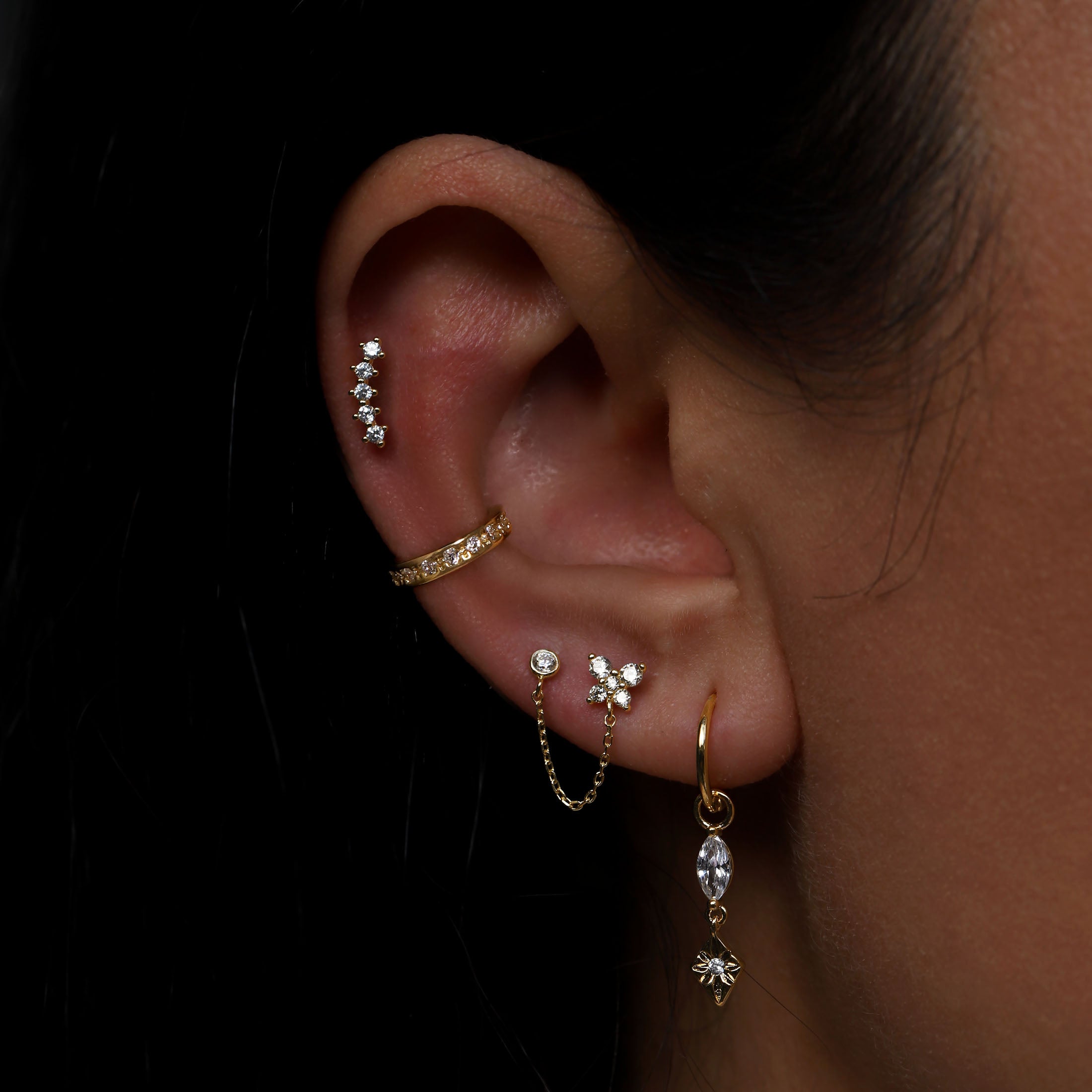 Butterfly Chain Tragus Helix & Cartilage Ear Piercing On Model - 14K Solid Gold