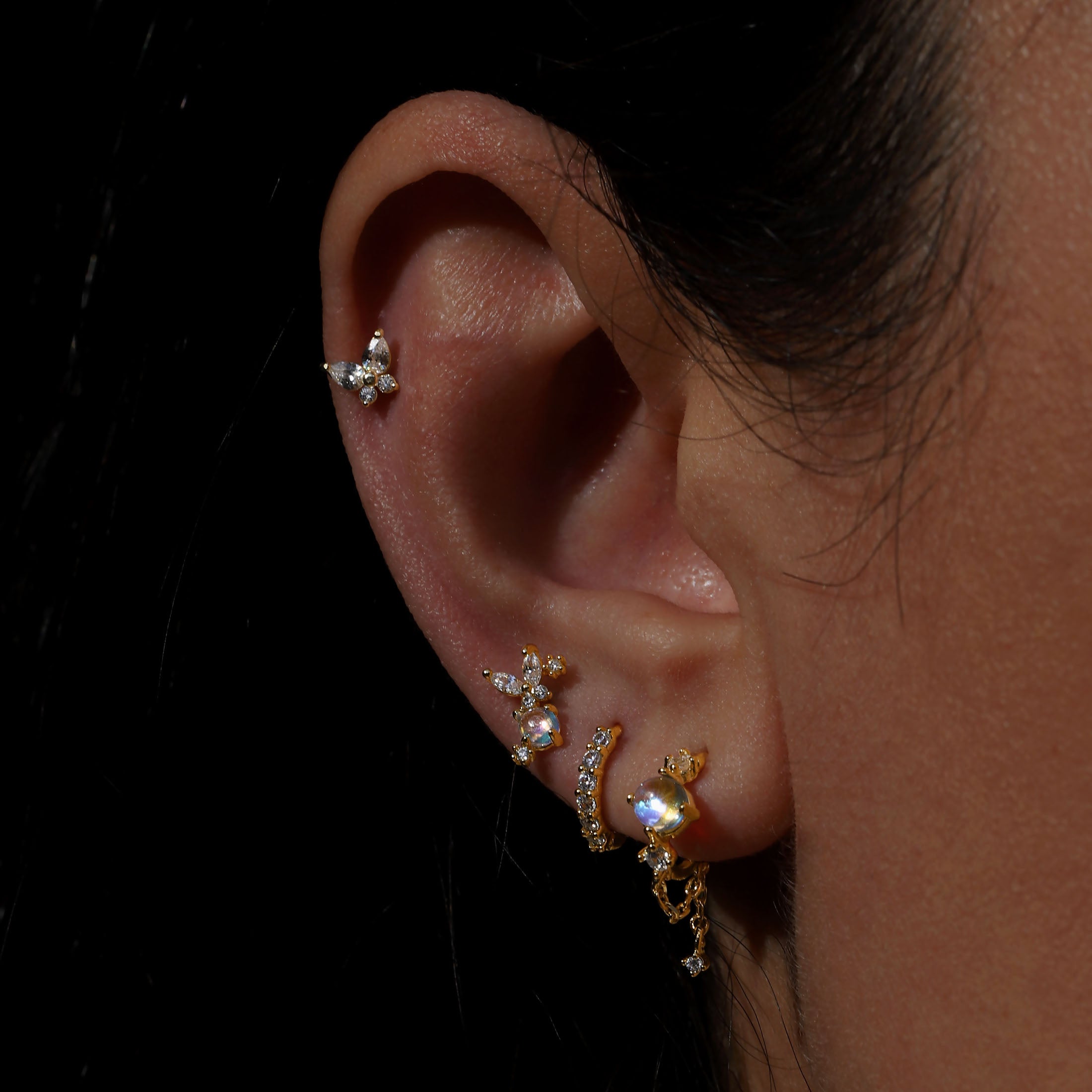 Flutter Gemstone Helix Tragus Cartilage & Conch Ear Piercing On Model - Silver