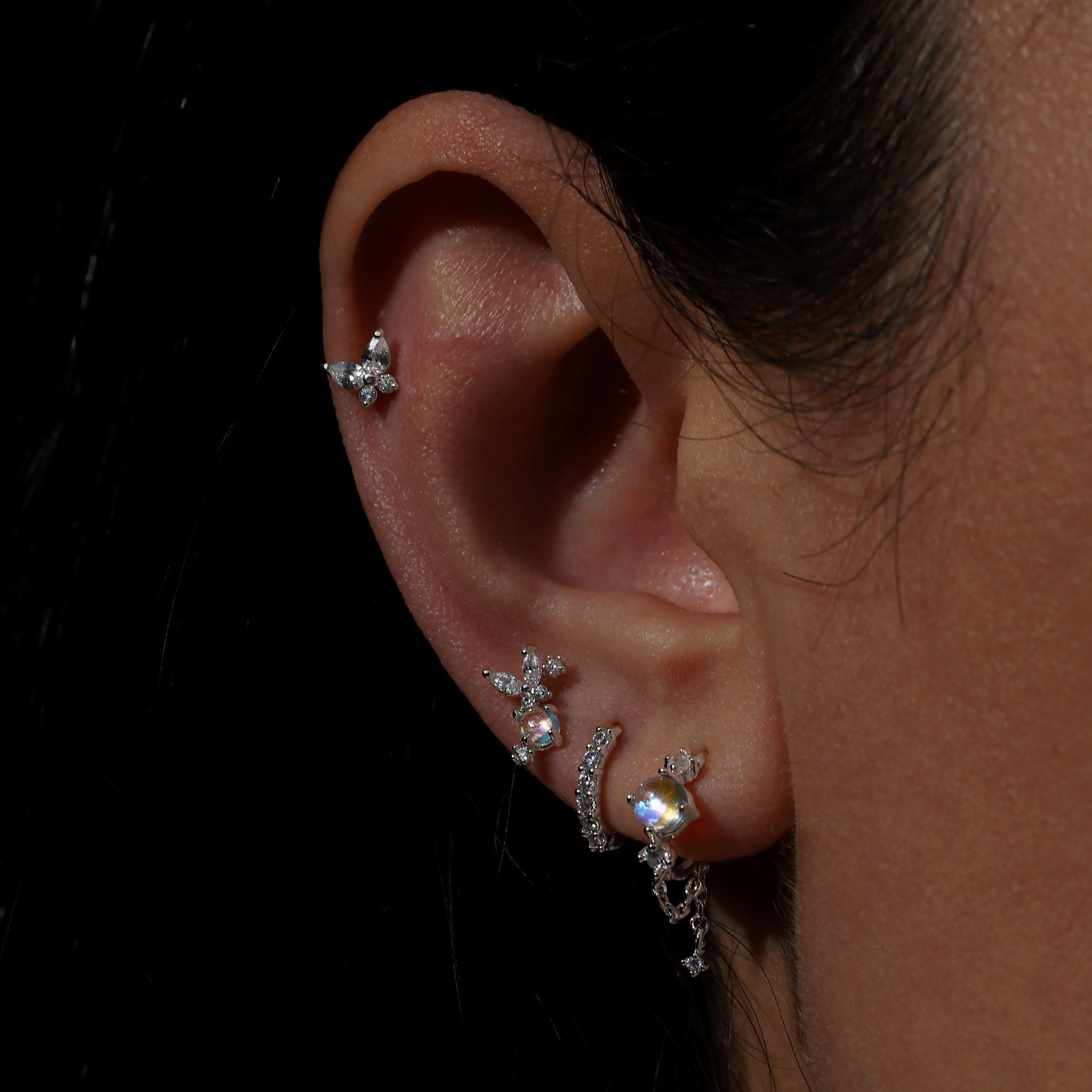Claudette Gemstone Tragus Helix & Cartilage Ear Piercing On Model - Silver