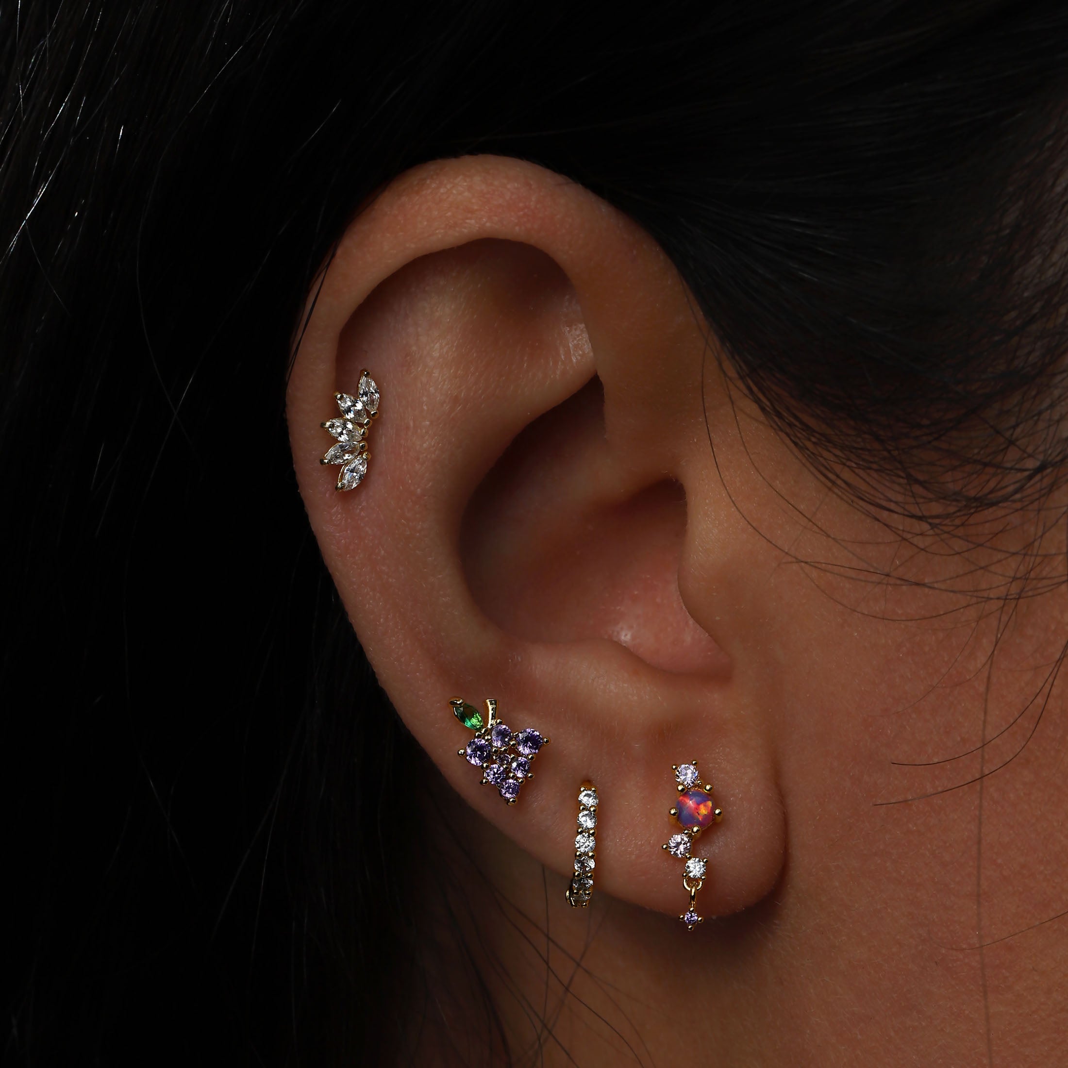 Edith Opal & Gemstone Helix Tragus & Cartilage Ear Piercing On Model - Gold