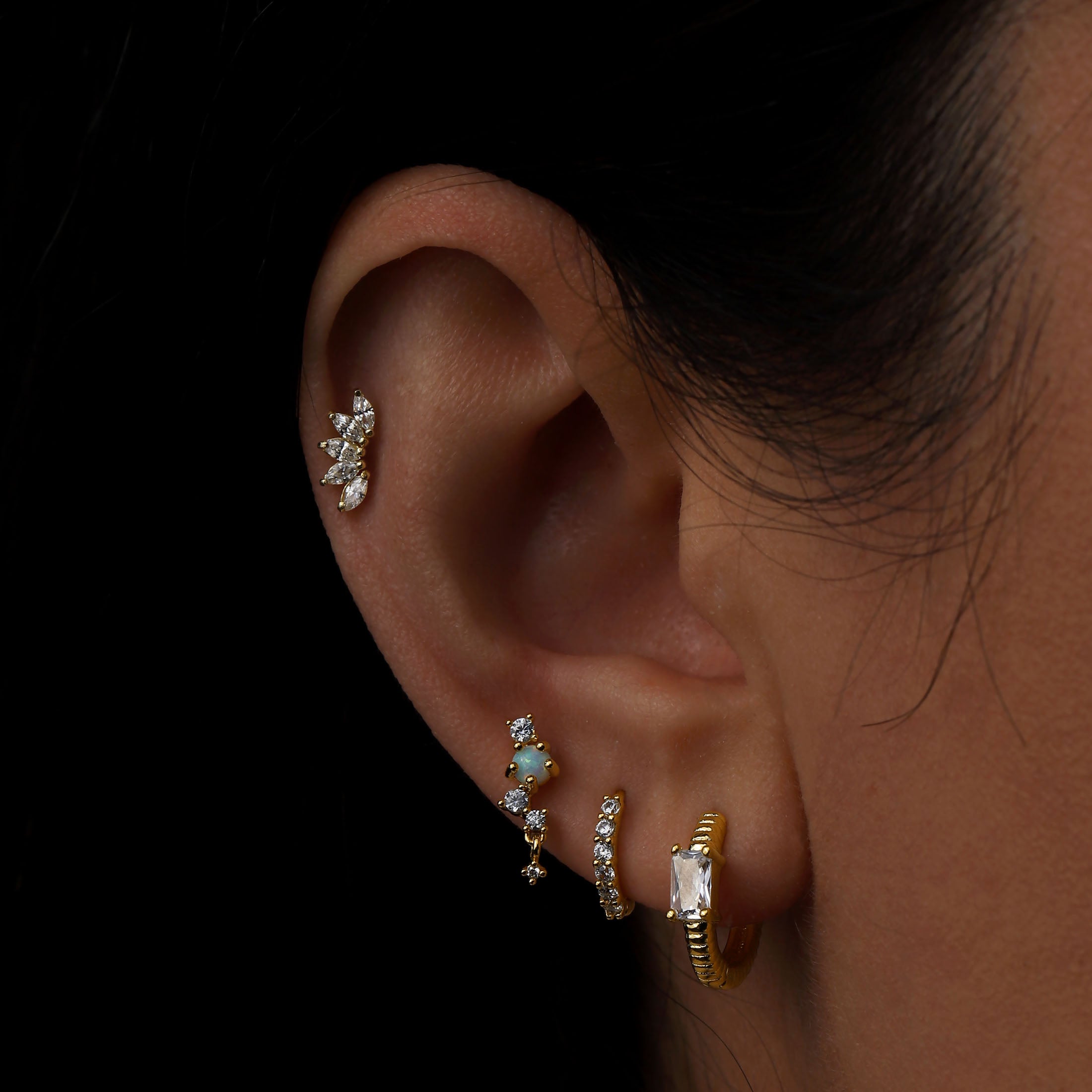Eileen Opal & Gemstone Helix Tragus & Cartilage Ear Piercing On Model - Gold