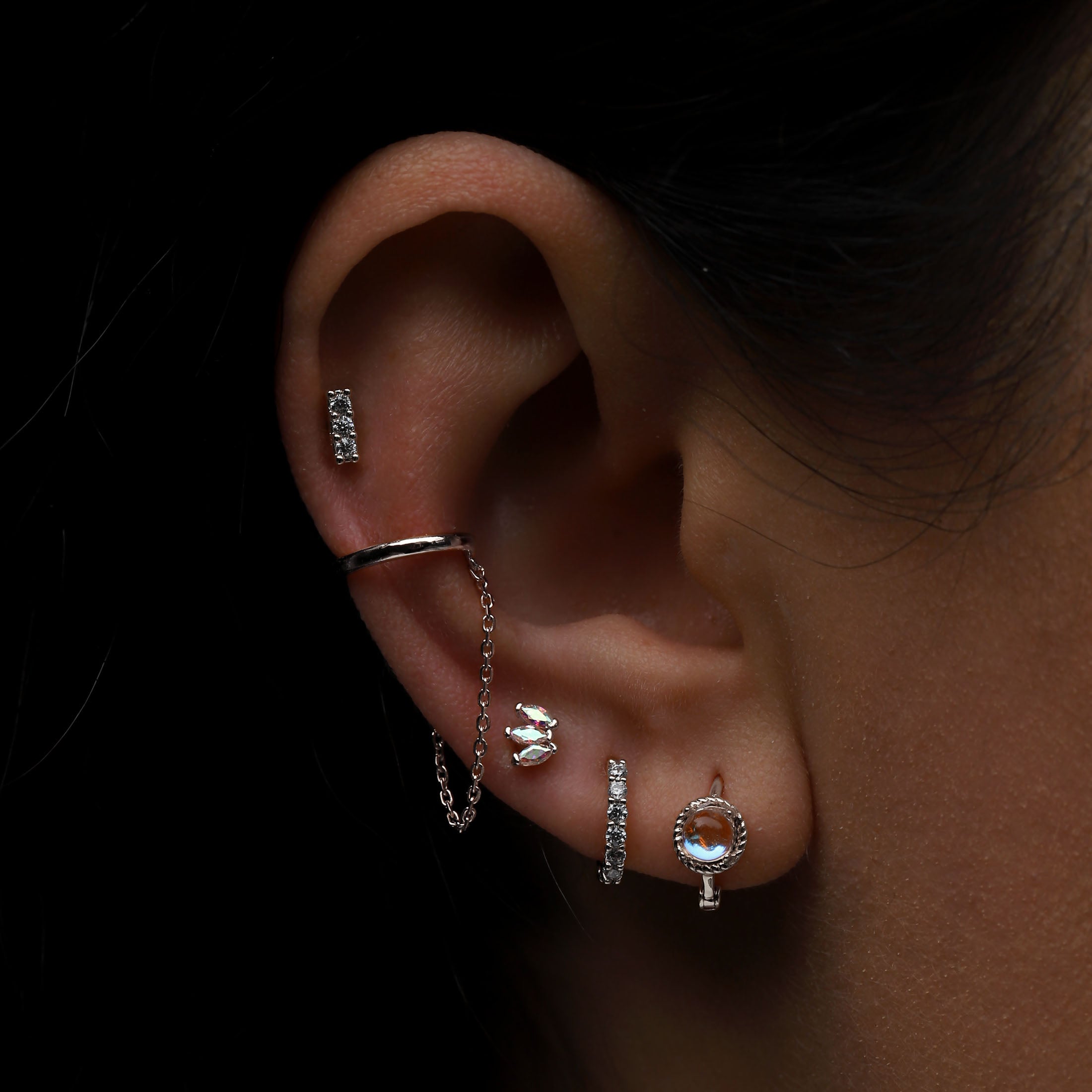 Ethereal Gemstone Helix Tragus Cartilage & Conch Ear Piercing On Model - Silver