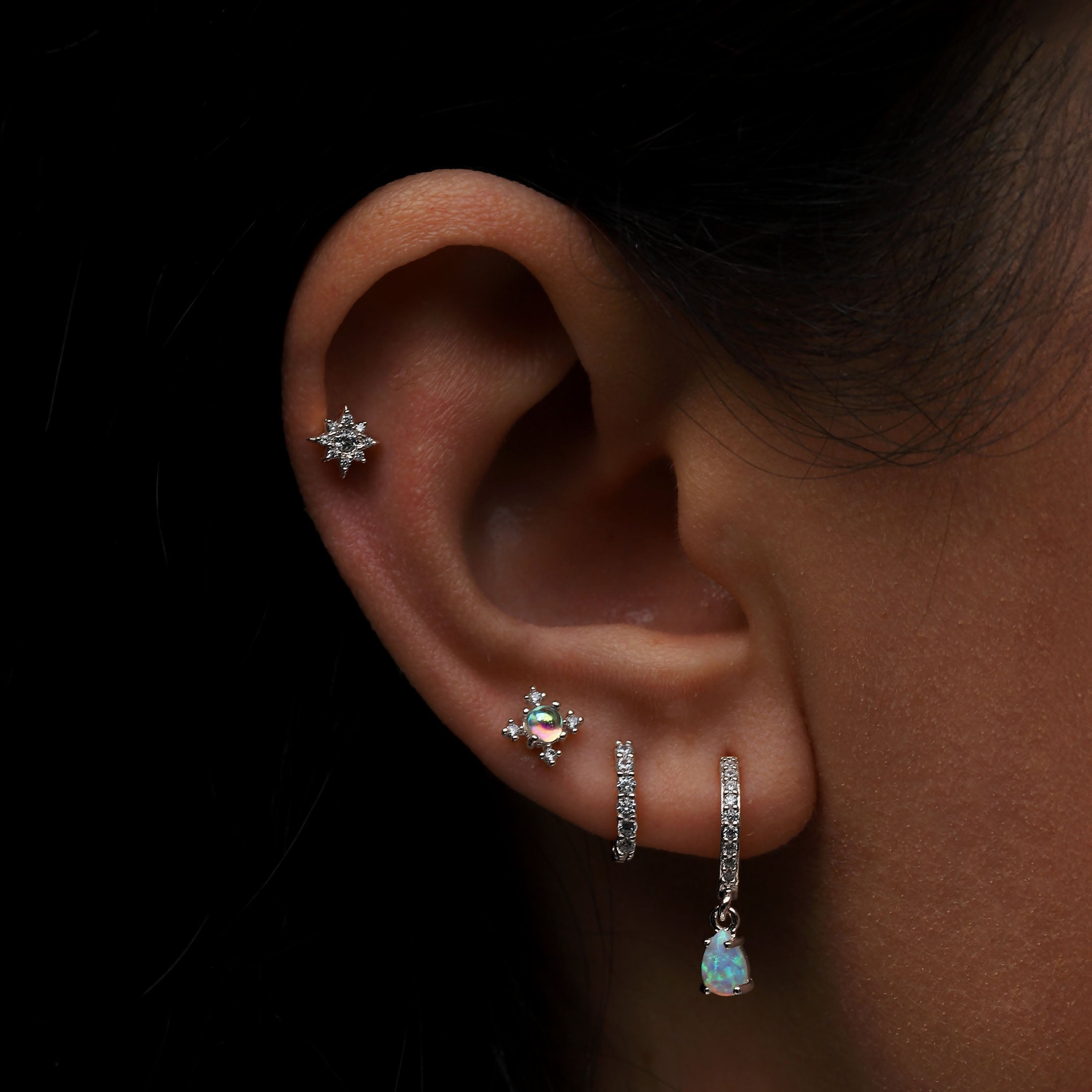 Euphoria Gemstone Helix Tragus Cartilage & Conch Ear Piercing On Model - Silver