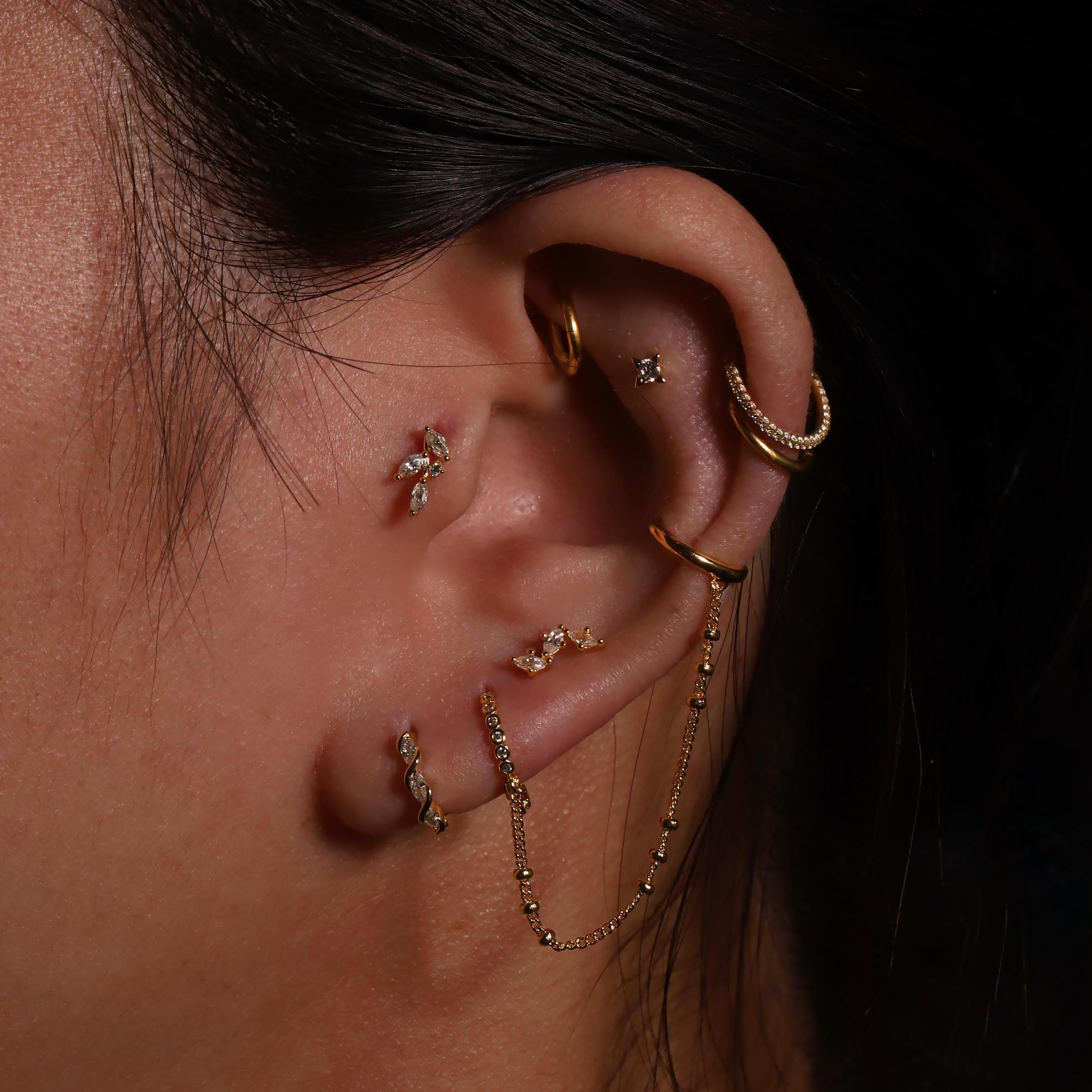 Fleur Petals Gemstone Helix Tragus & Cartilage Ear Piercing On Model - Gold