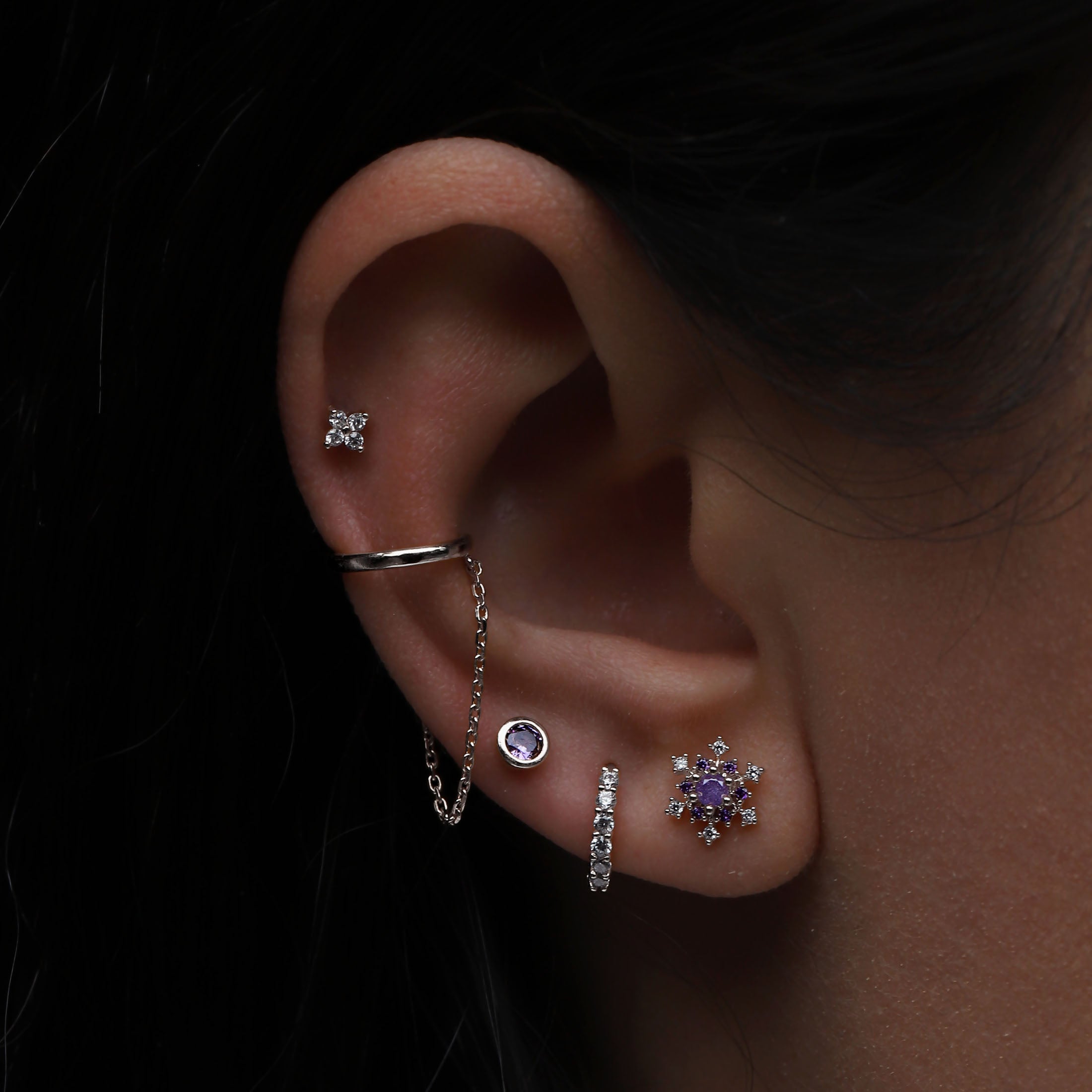 Fractal Gemstone Helix Tragus Cartilage & Conch Ear Piercing On Model - Silver