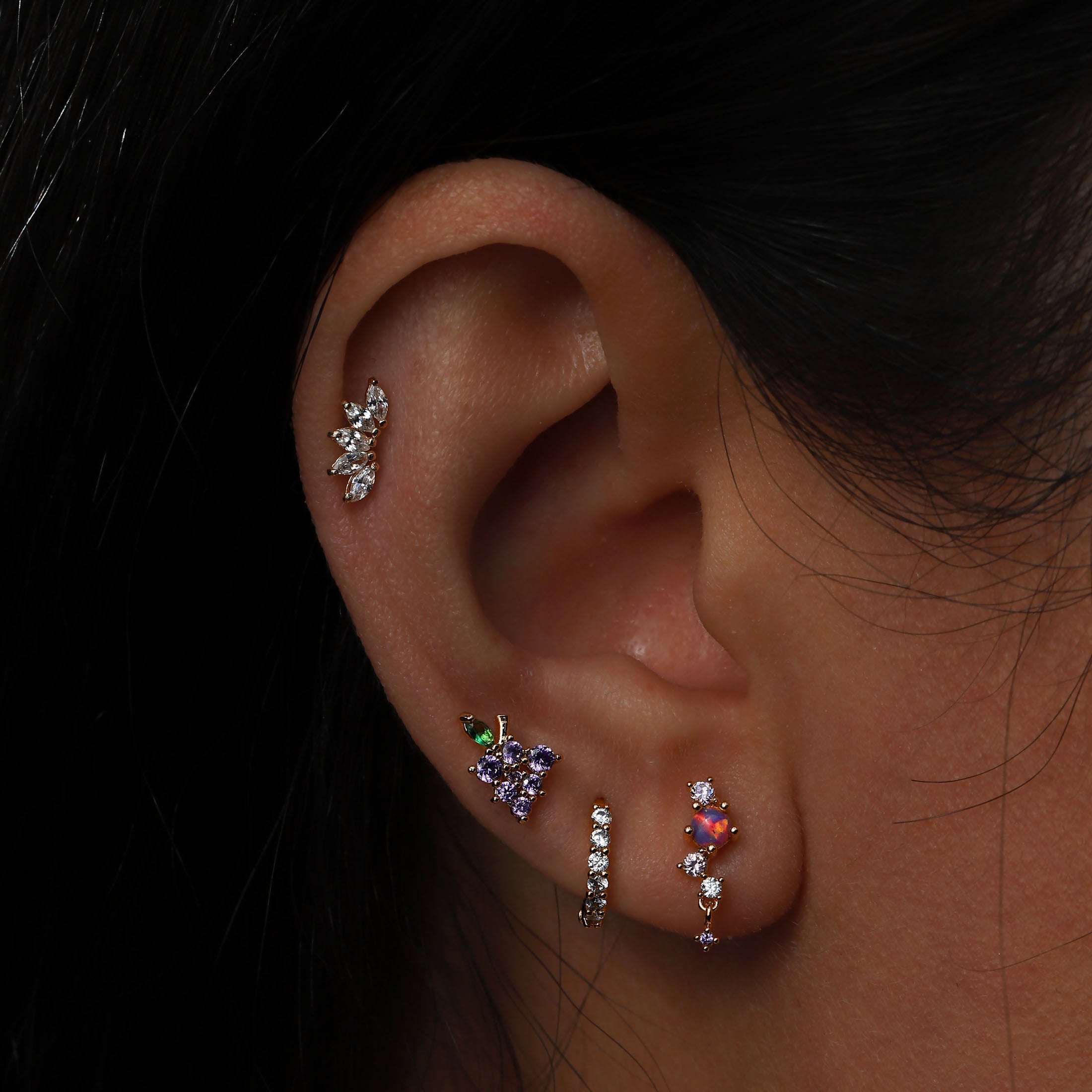 Grape Soda Gemstone Helix Tragus & Cartilage Ear Piercing On Model - Rose Gold