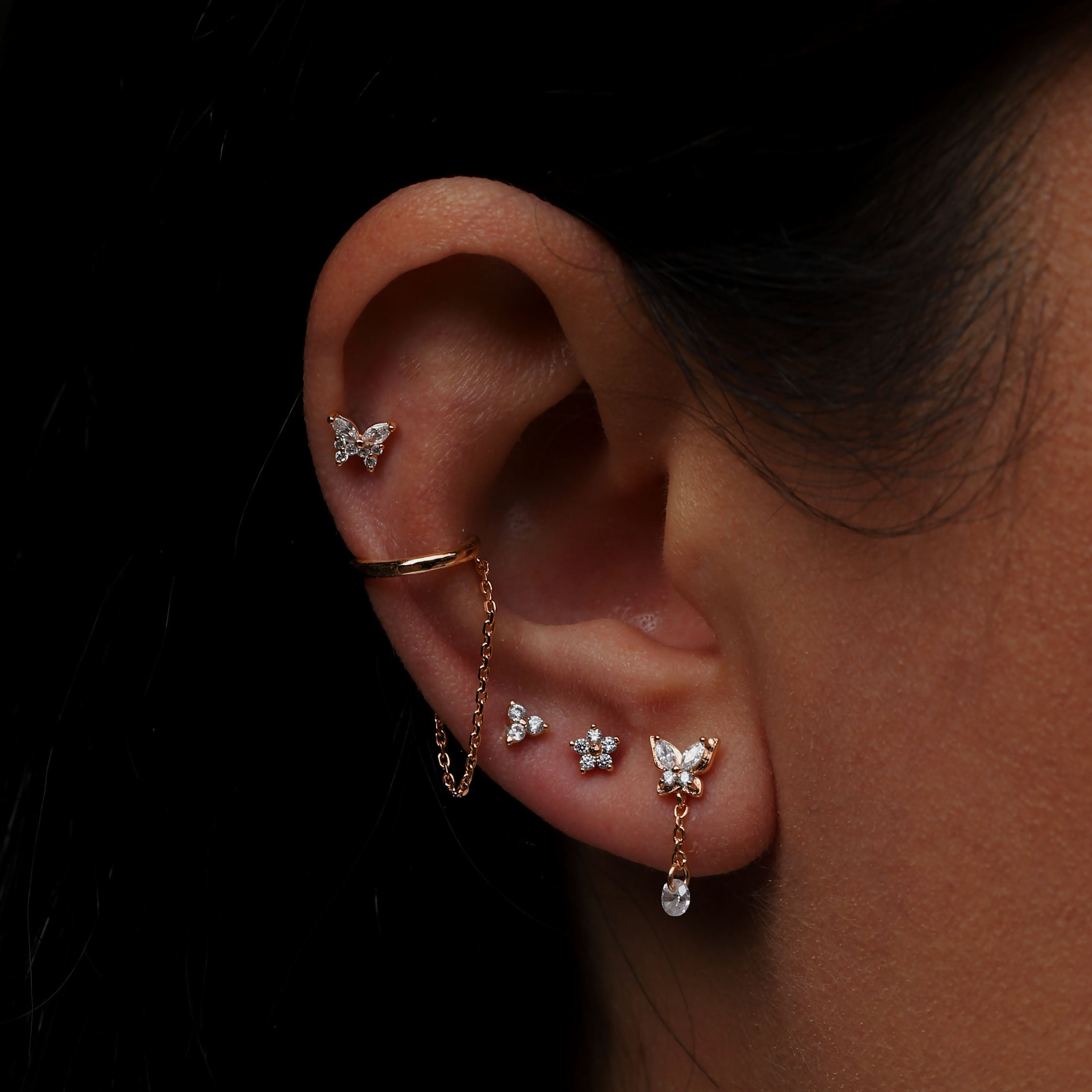 Lapse Crystal Helix Tragus Cartilage & Conch Ear Piercing On Model - Rose Gold