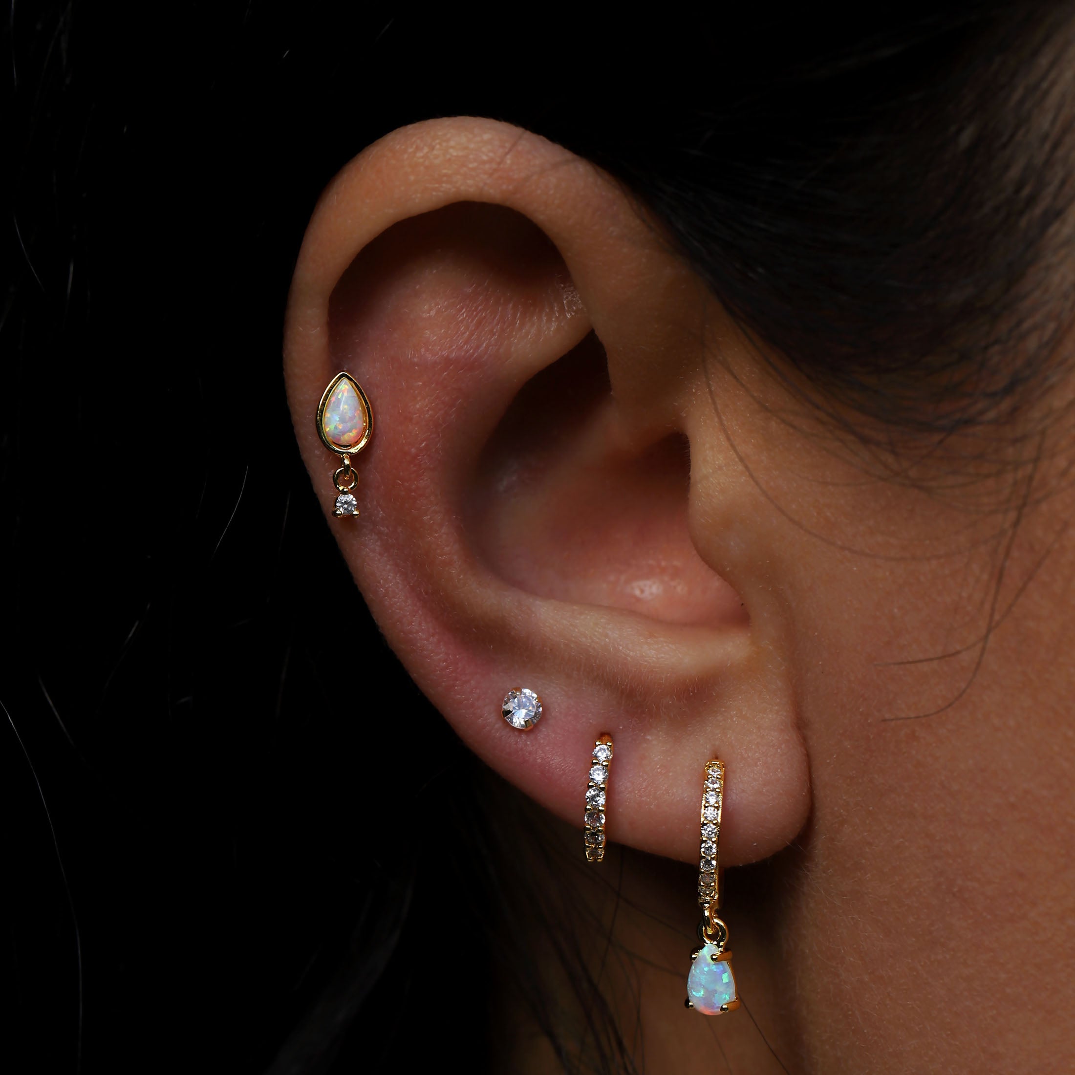 Lucid Opal Dangle Tragus Helix & Cartilage Ear Piercing On Model - Gold