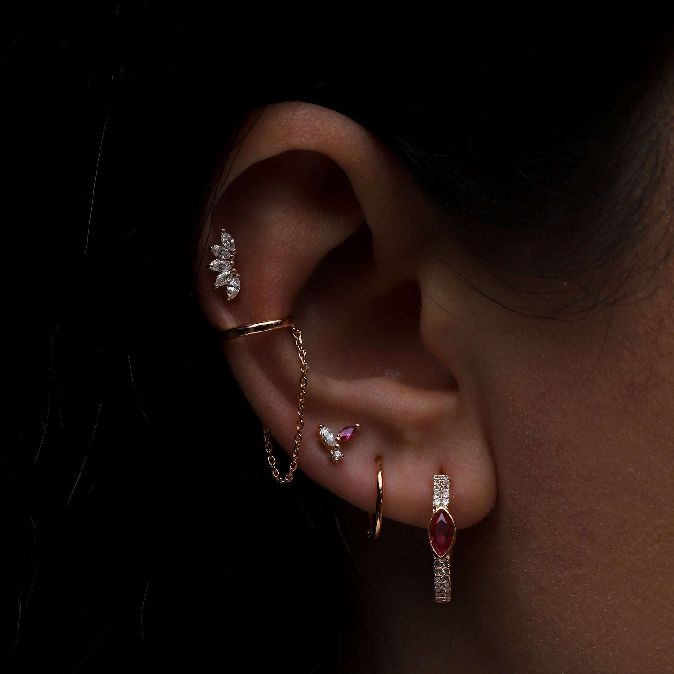 Lucie Gemstone Helix Tragus Cartilage & Conch Ear Piercing On Model - Rose Gold