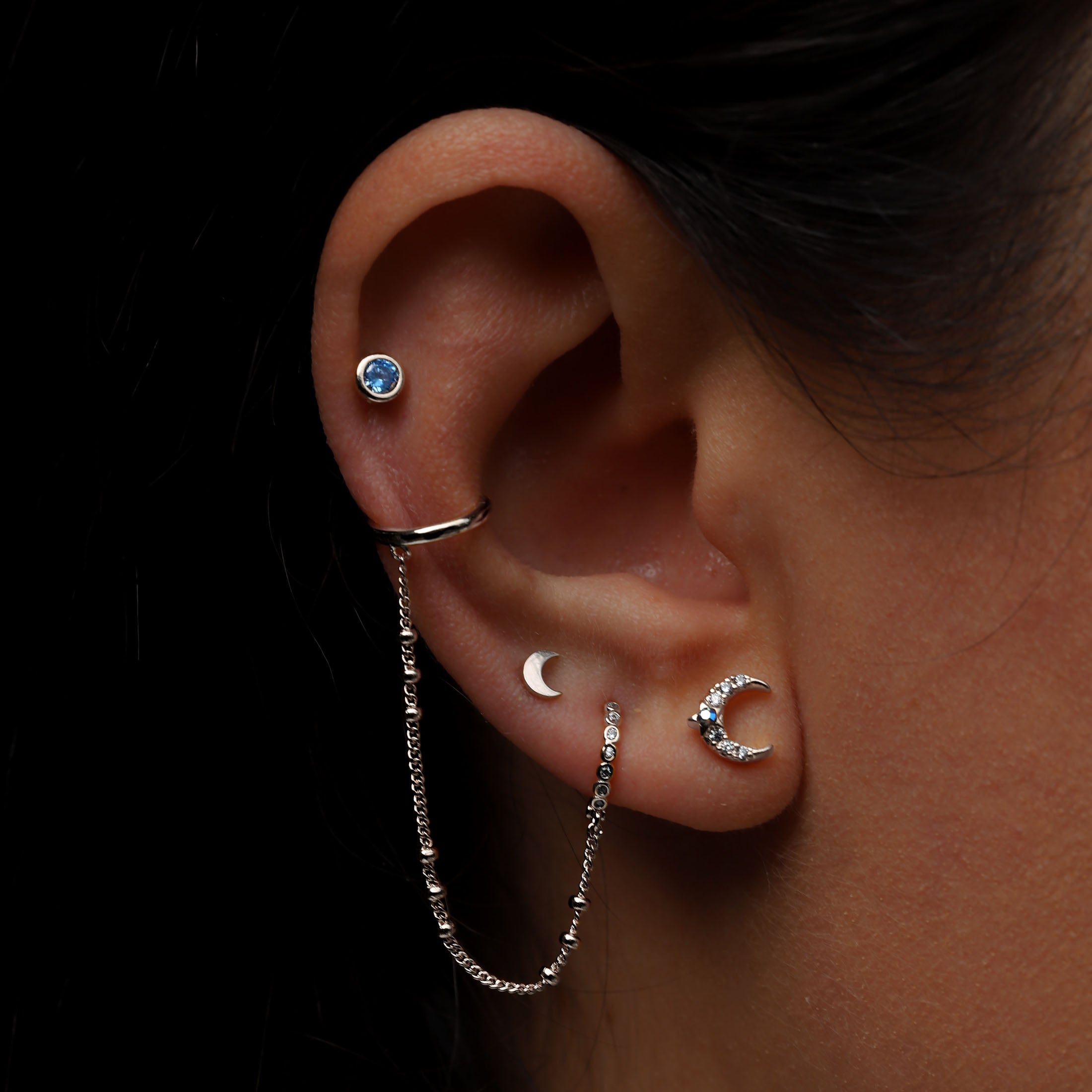 Luna Moon Tragus Helix Cartilage & Conch Ear Piercing On Model - Silver