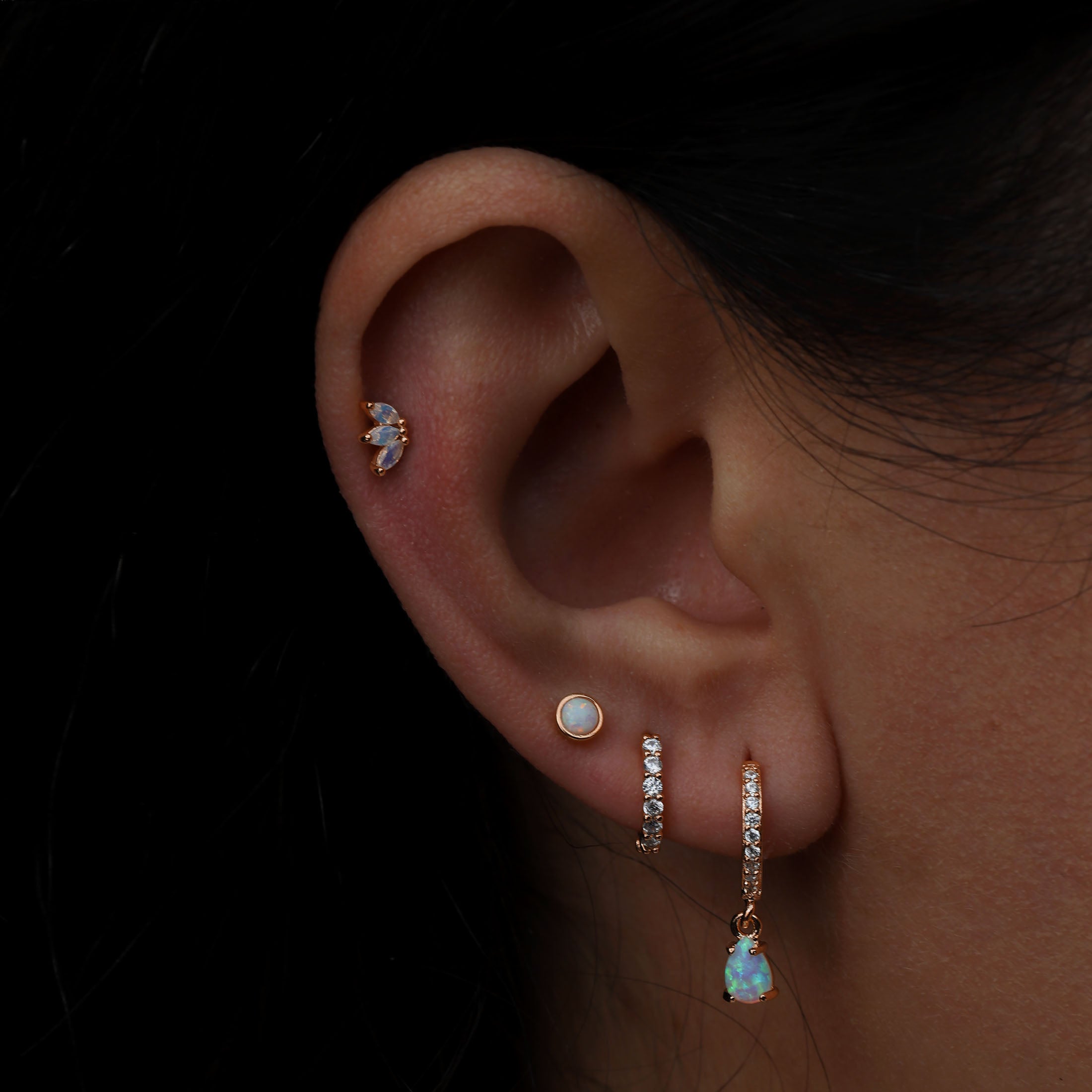Melrose Moonstone Helix Tragus Cartilage & Conch Ear Piercing On Model - Rose Gold