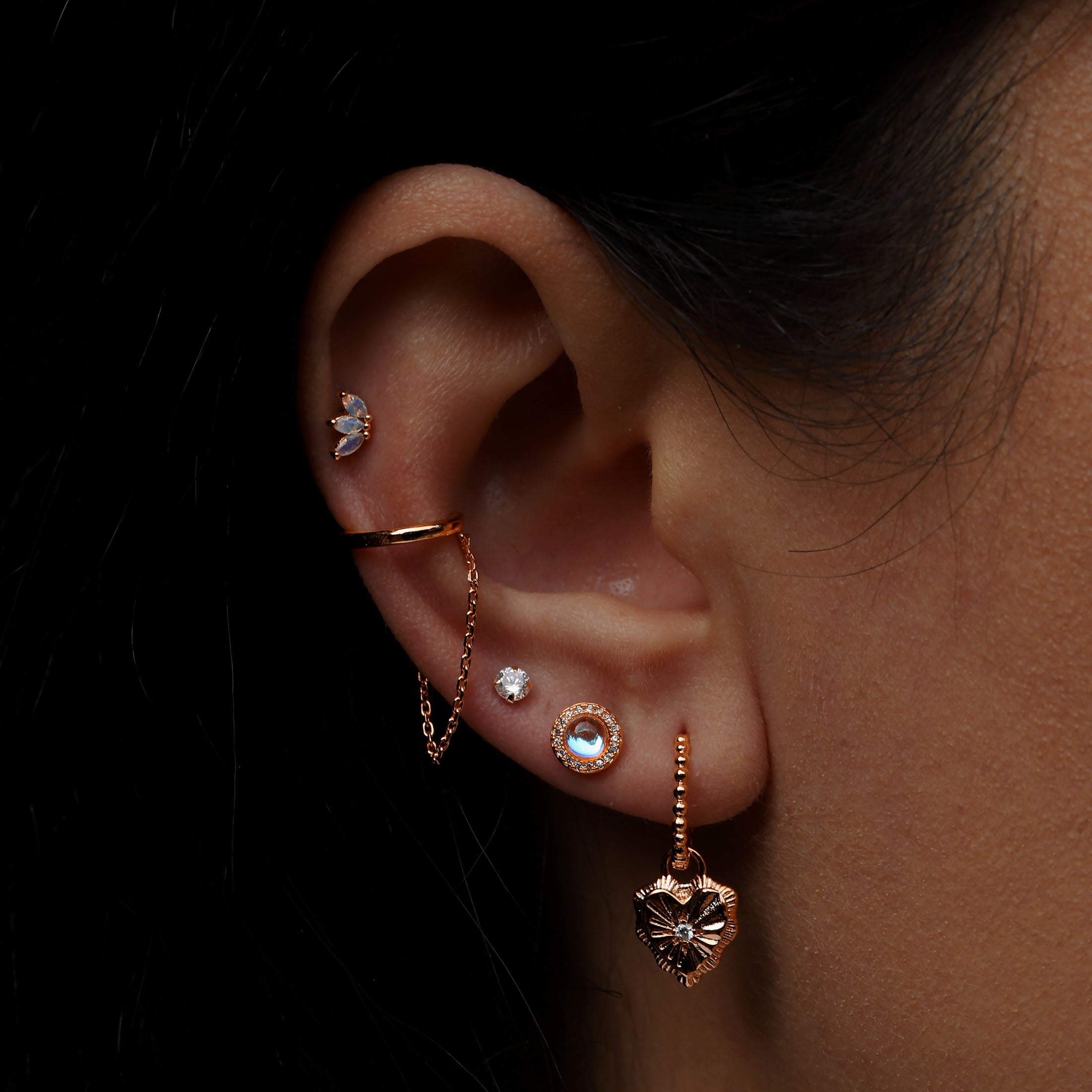 Melrose Moonstone Helix Tragus Cartilage & Conch Ear Piercing On Model 2 - Rose Gold