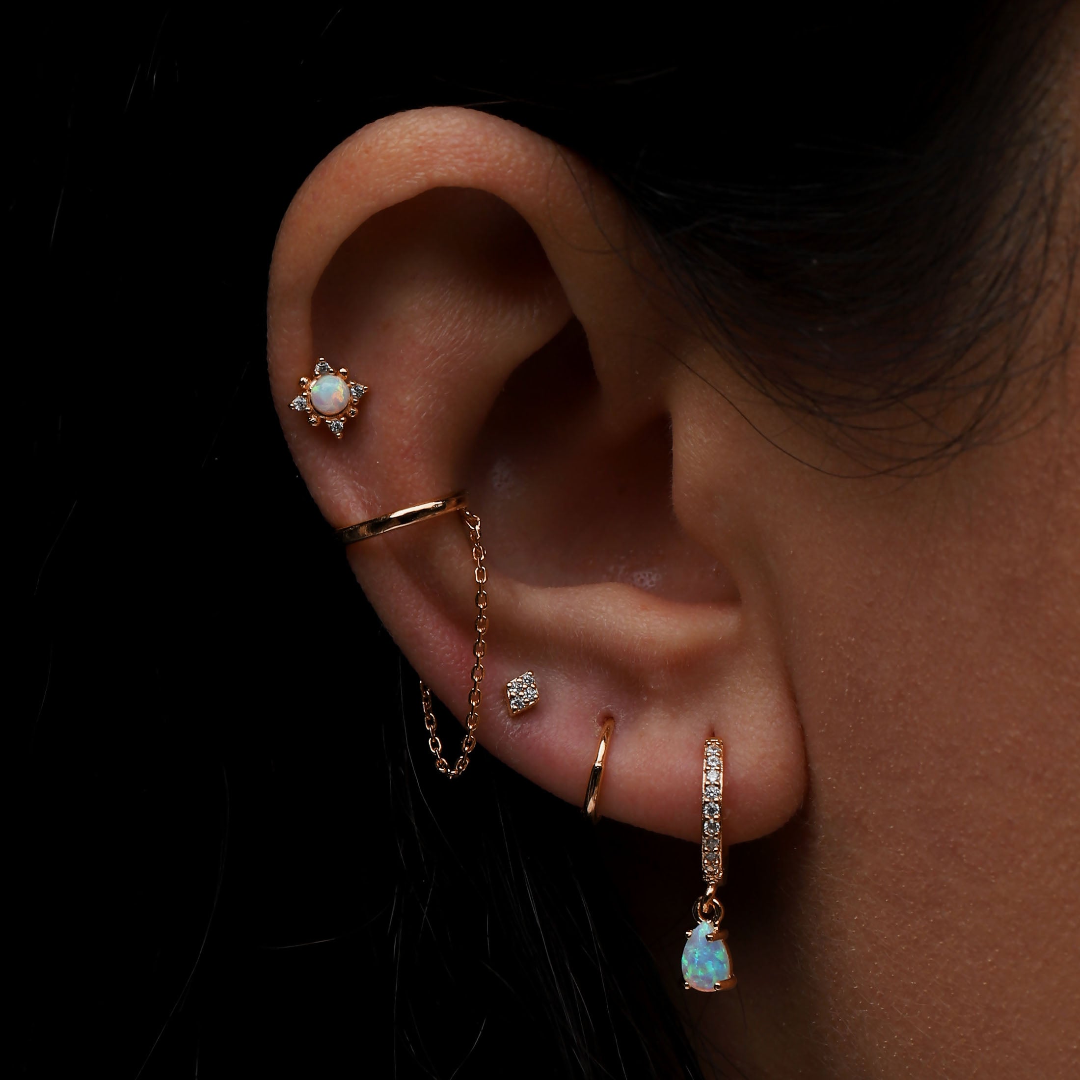 Mirage Opal & Gem Tragus Helix & Cartilage Ear Piercing On Model - Rose Gold
