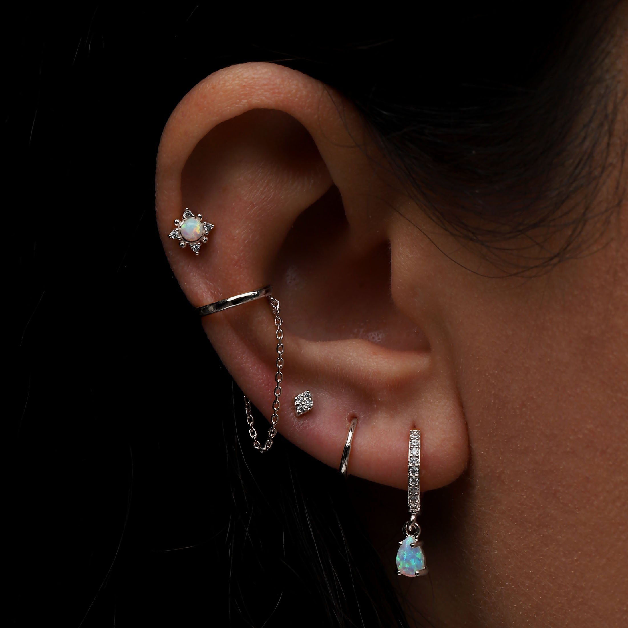 Mirage Opal & Gem Tragus Helix & Cartilage Ear Piercing On Model - Sterling Silver