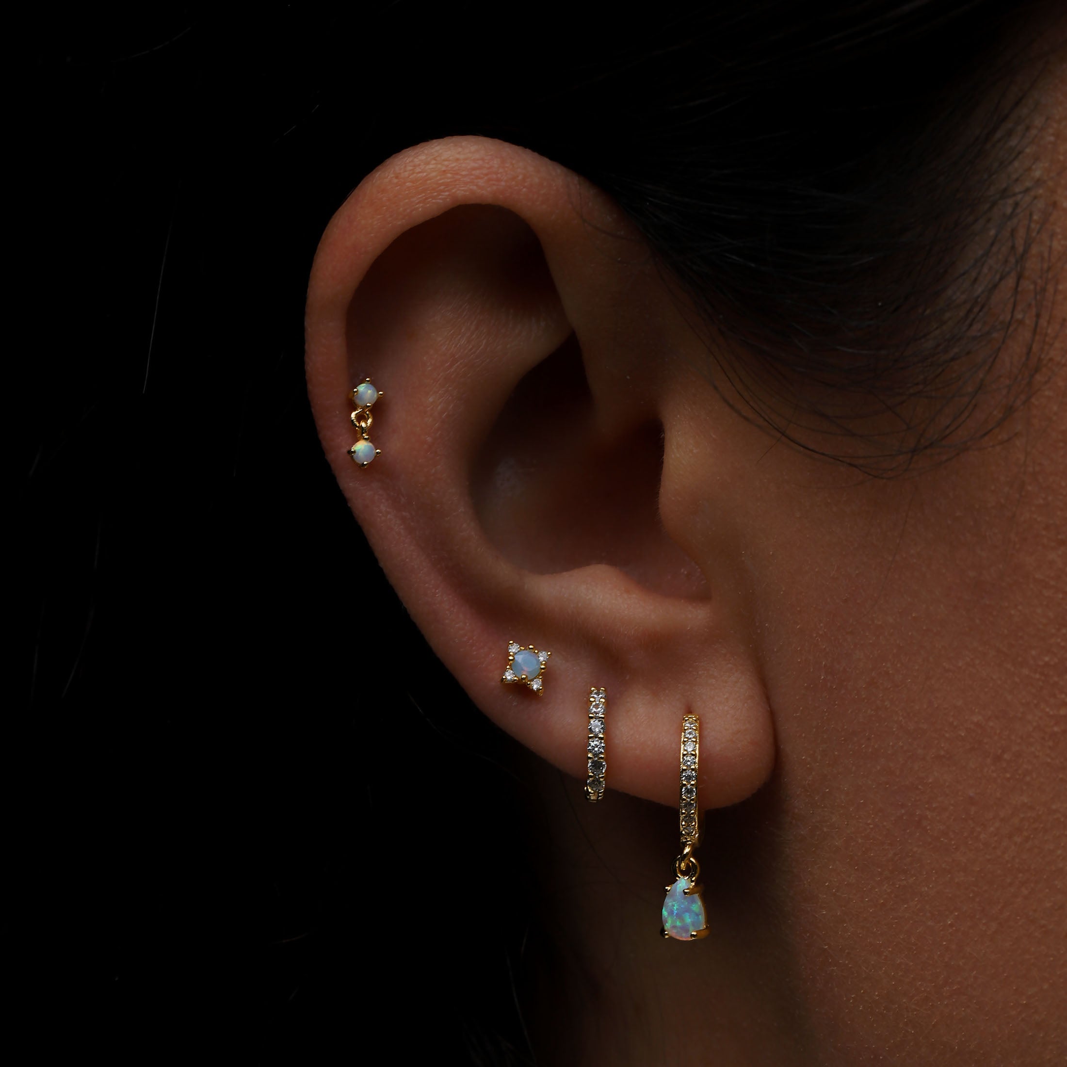 Mystic Opal Helix Tragus Cartilage & Conch Ear Piercing On Model - Gold
