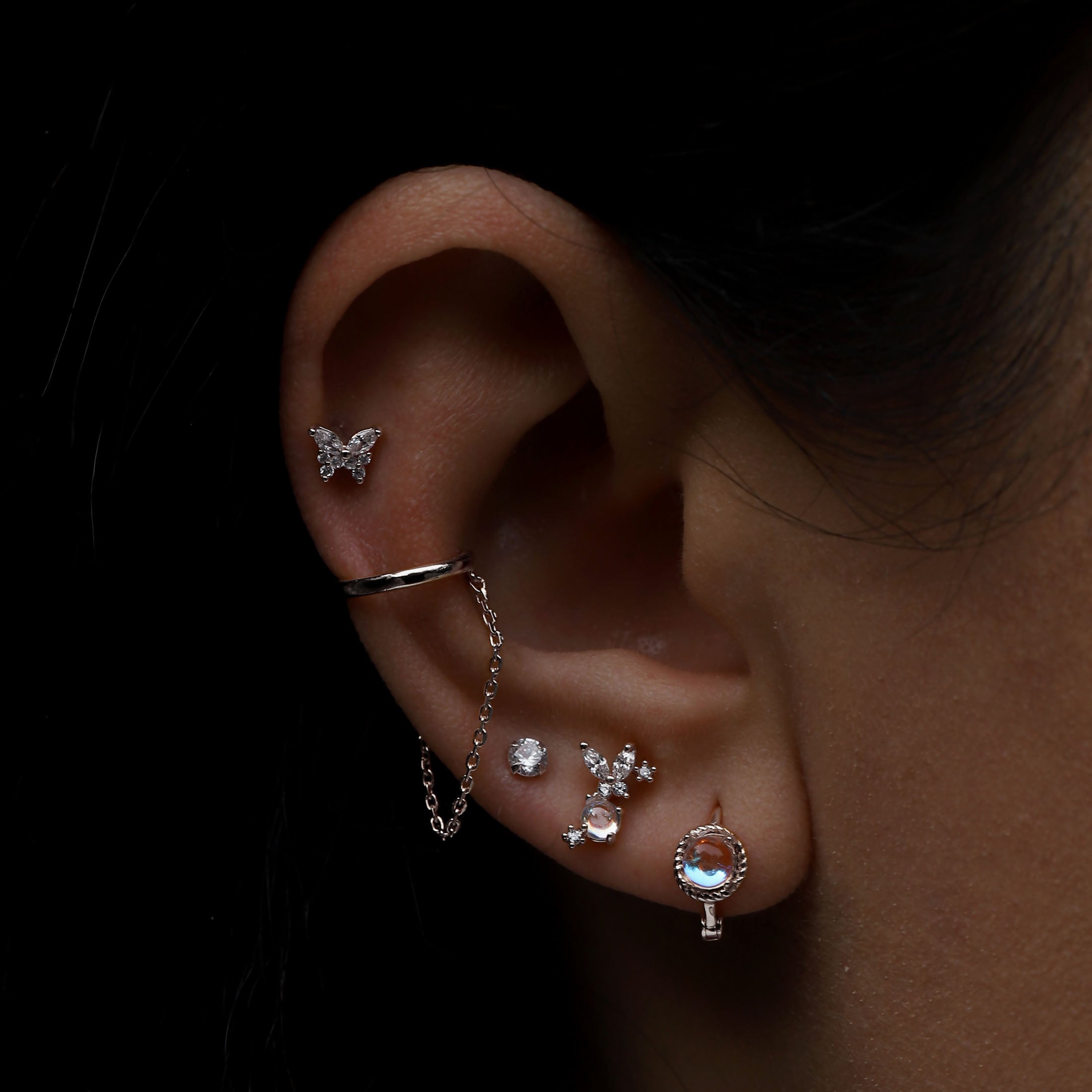 Nectar Gemstone Helix Tragus Cartilage & Conch Ear Piercing On Model - Silver