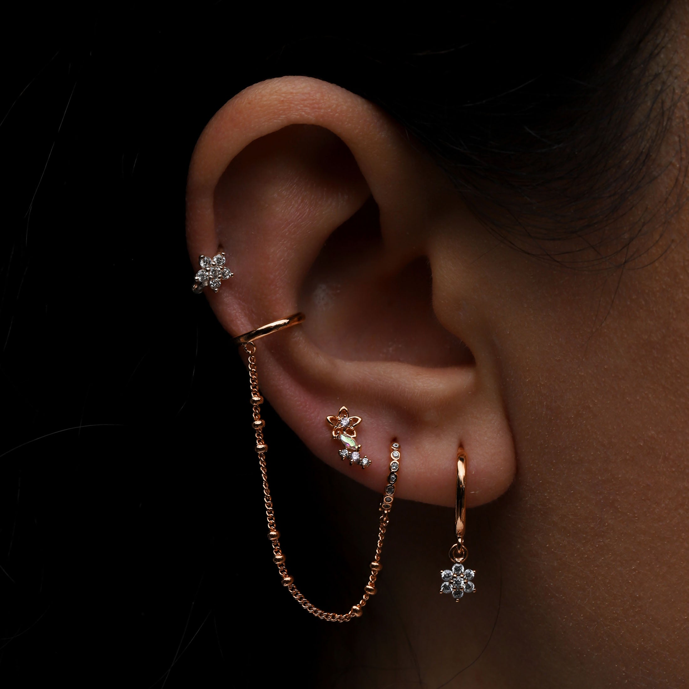 Pixie Flower Helix Tragus & Cartilage Ear Piercing On Model - Rose Gold