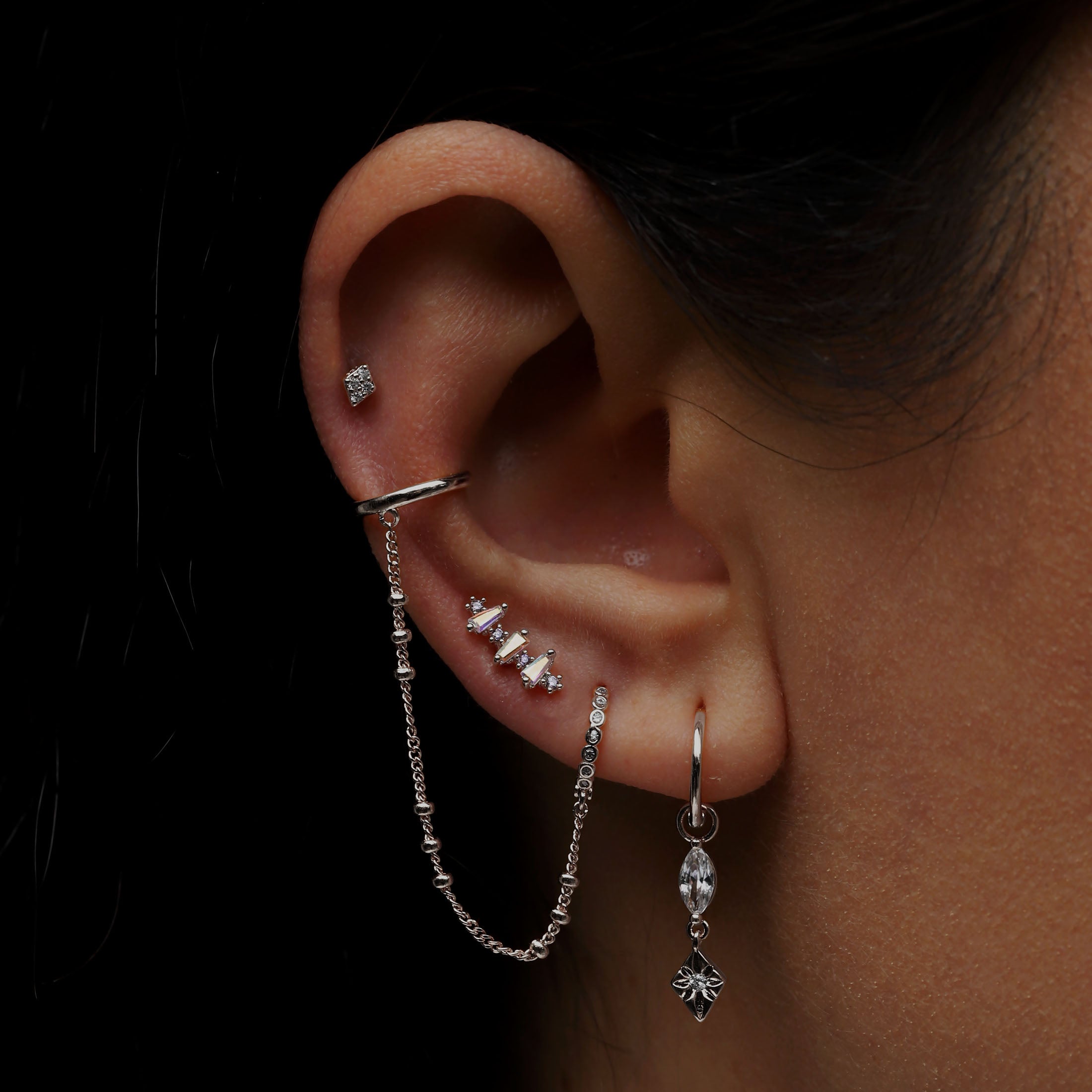 Sabrina Gemstone Helix Tragus Cartilage & Conch Ear Piercing On Model - Silver