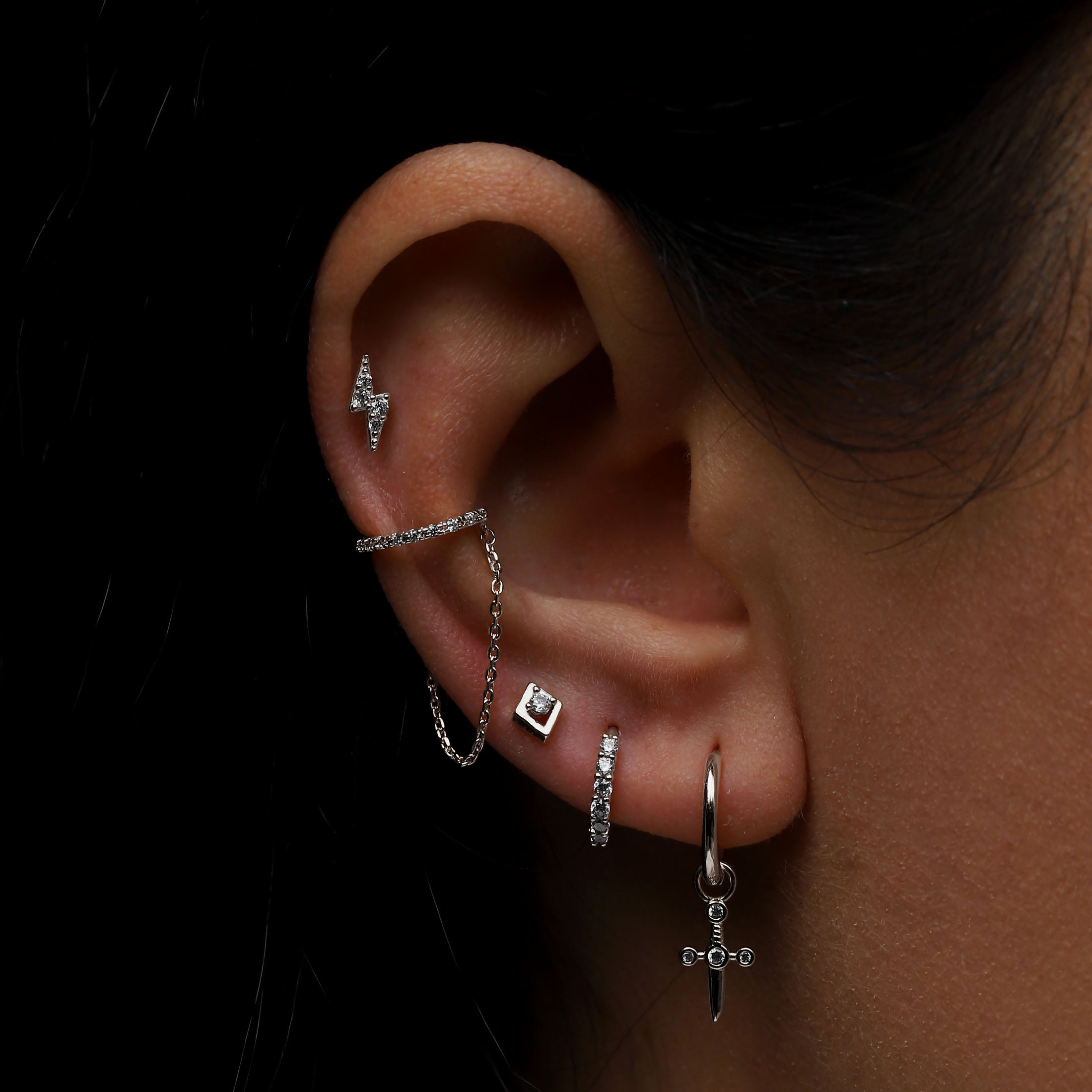 Sanctum Geometry Tragus Helix & Cartilage Piercing On Model - Sterling Silver