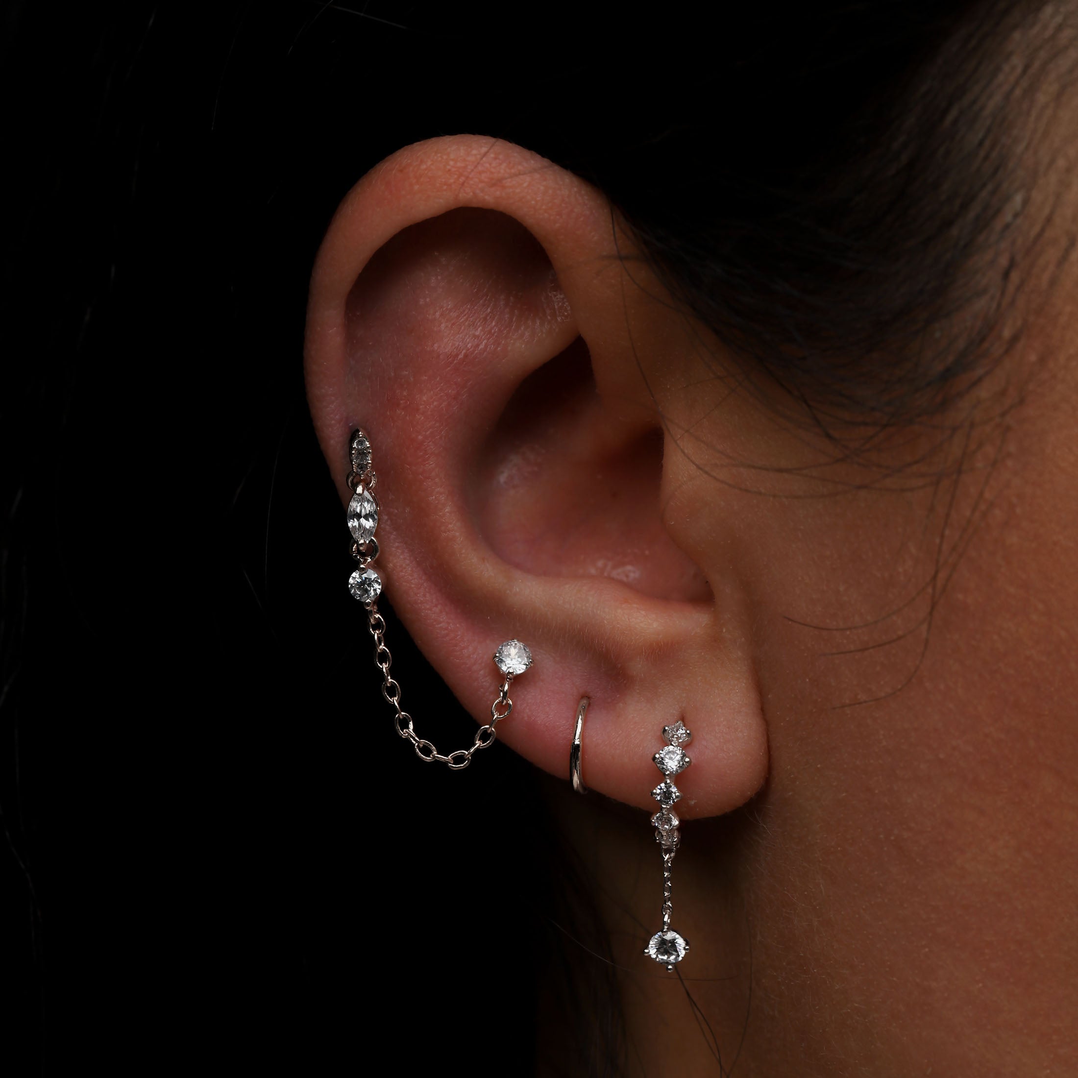 Selena Gemstone Chain Tragus Helix & Cartilage Ear Piercing On Model - Silver