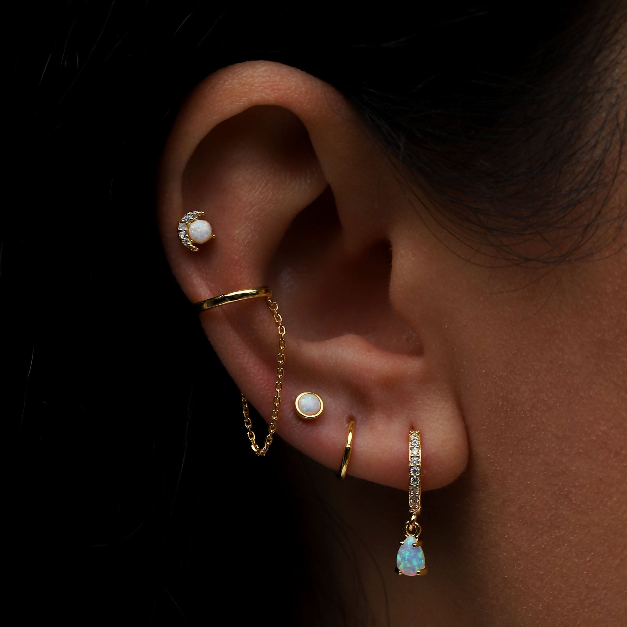 Selene Moon & Opal Tragus Helix Cartilage & Conch Ear Piercing On Model - Gold