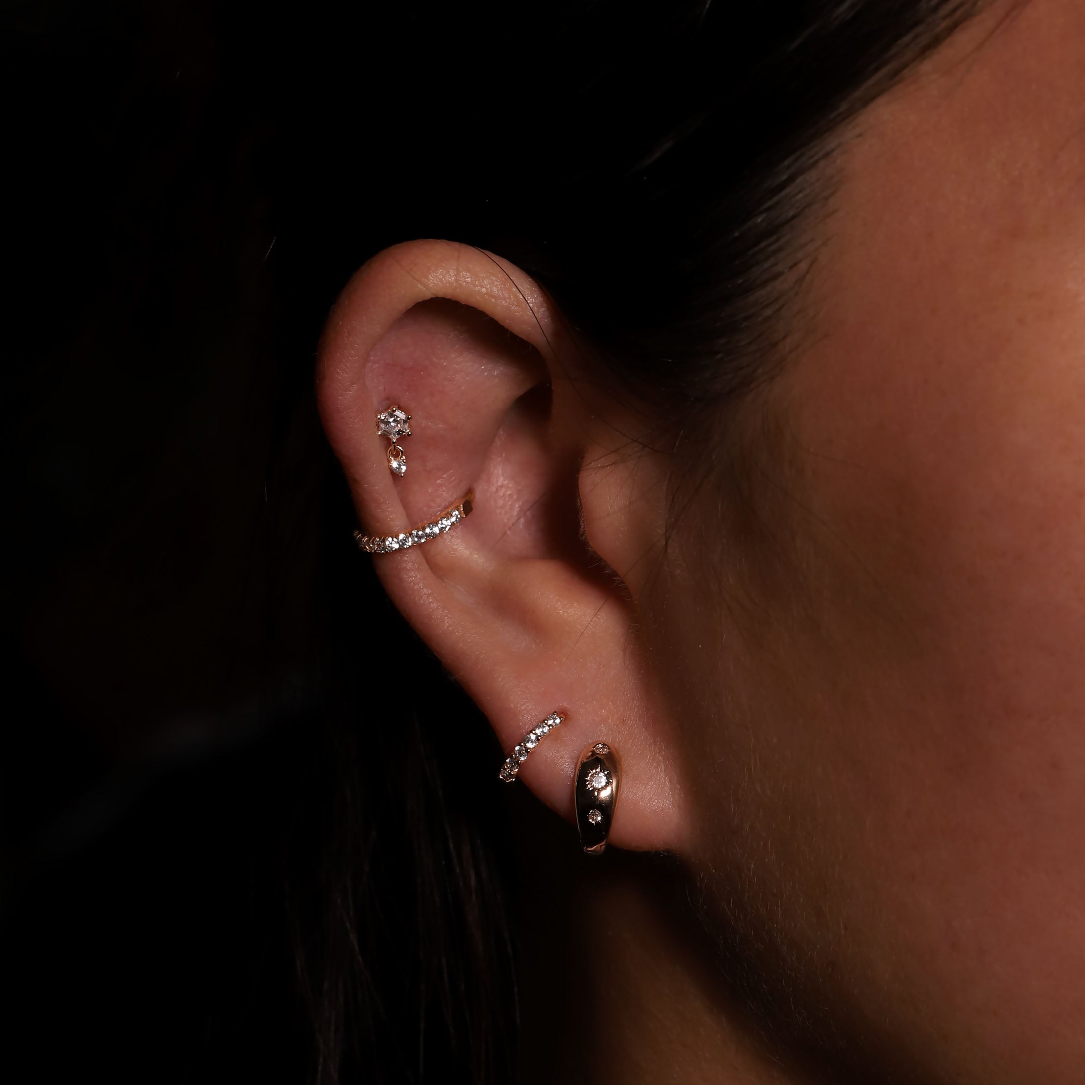 Sovereign Gemstone Drop Helix & Cartilage Ear Piercing On Model - Rose Gold