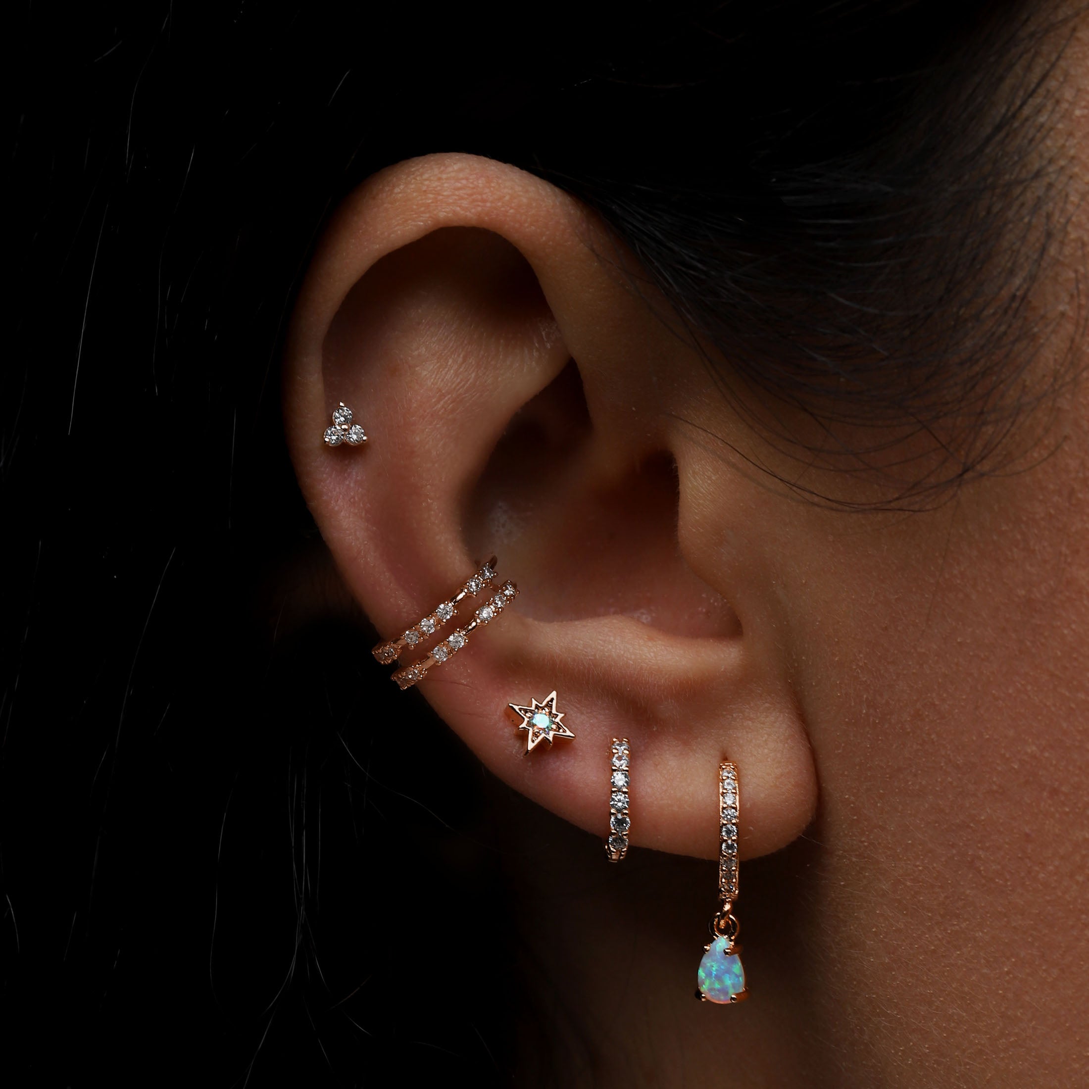 Meteor Helix Tragus Cartilage & Conch Ear Piercing On Model - Rose Gold