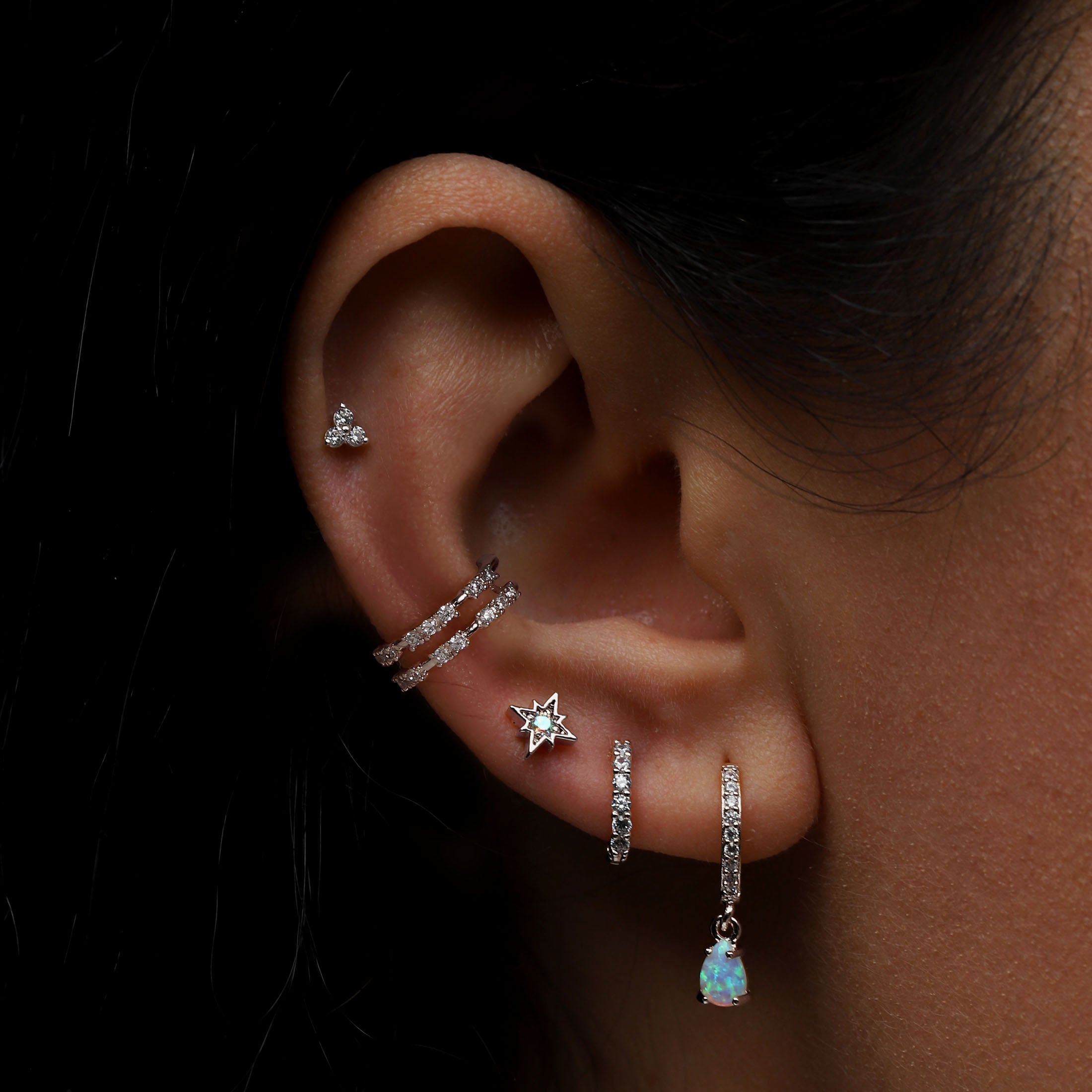 Meteor Helix Tragus Cartilage & Conch Ear Piercing On Model - Silver