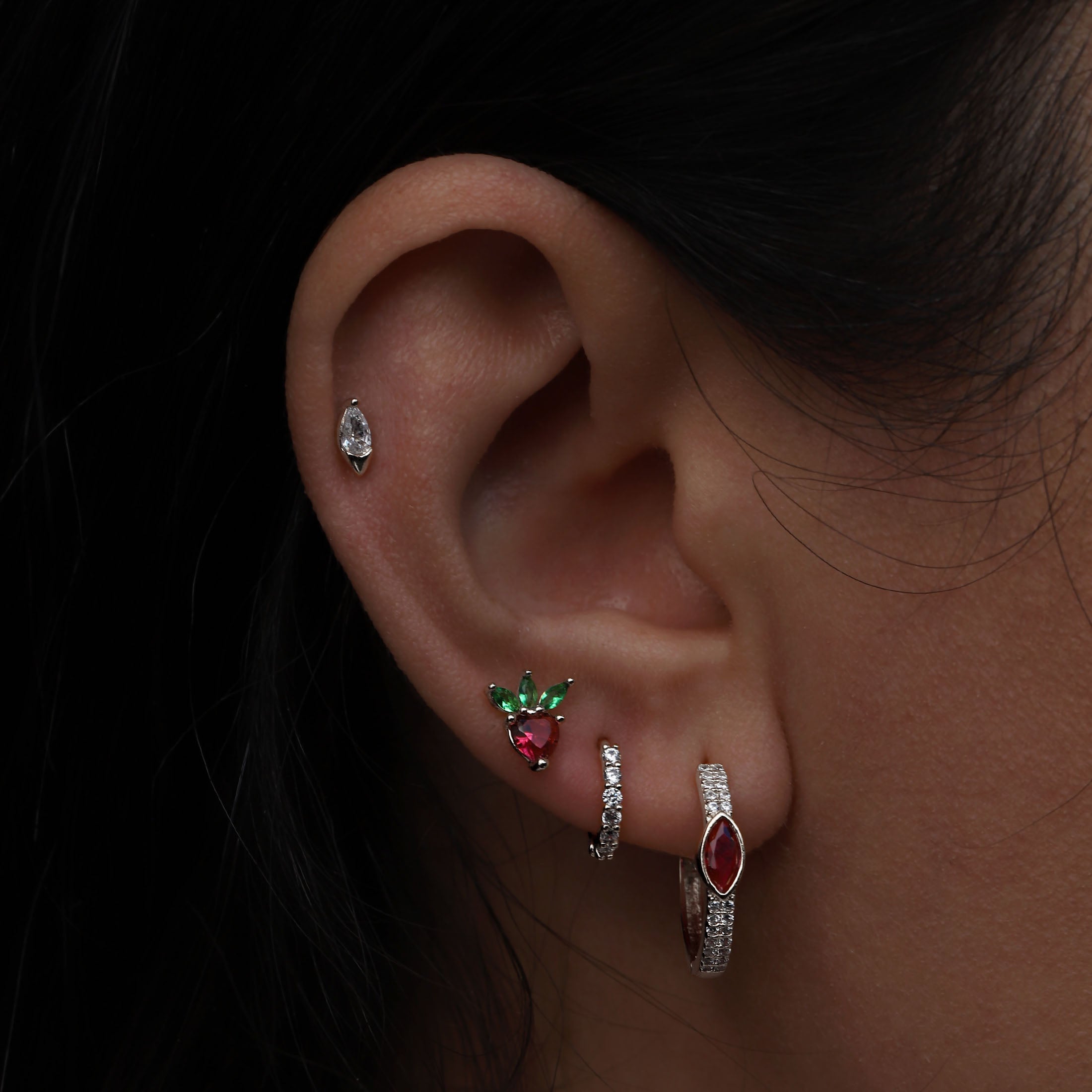 Strawberry Sundae Helix Tragus & Cartilage Ear Piercing On Model - Silver