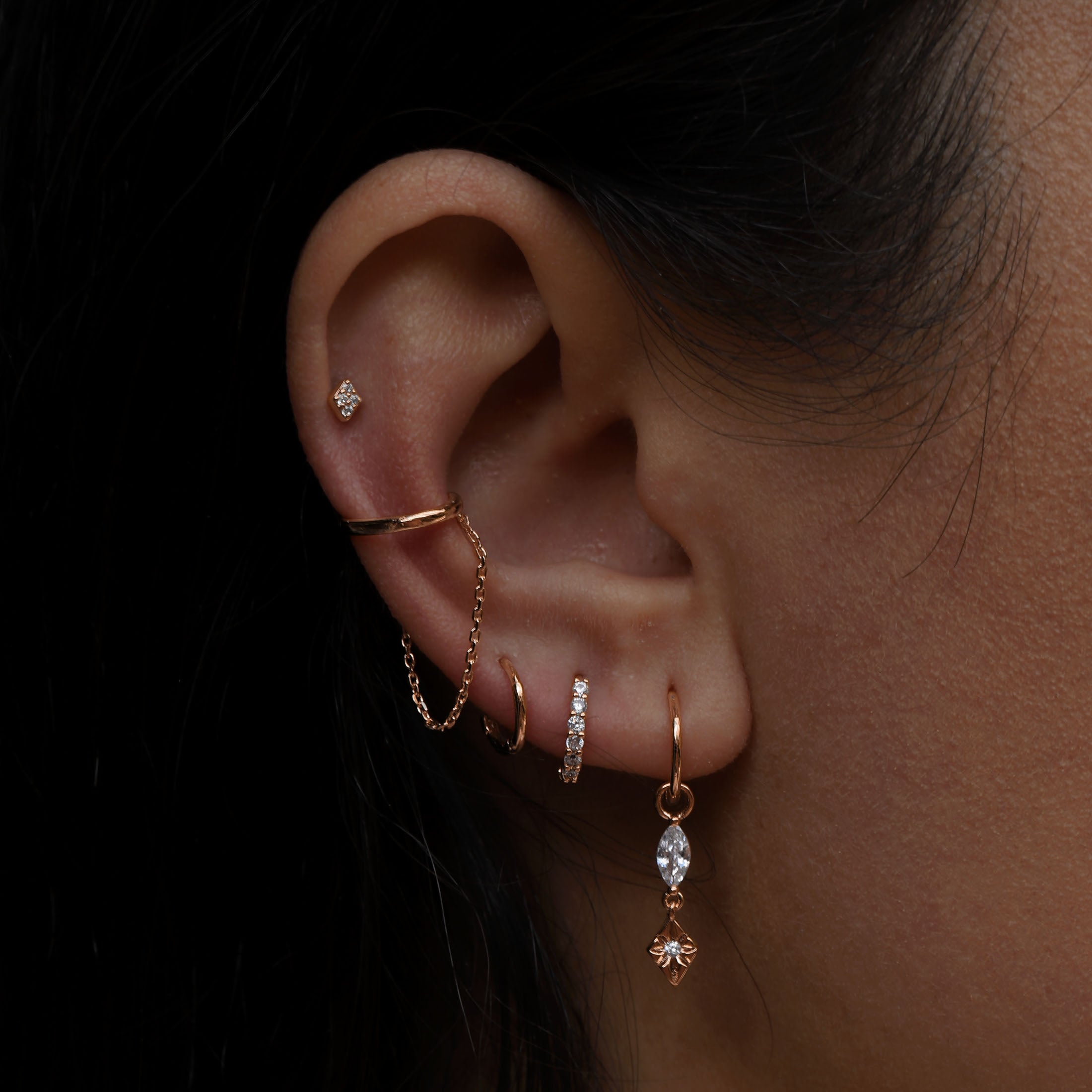 Void Gemstone Helix Tragus Cartilage & Conch Ear Piercing On Model - Rose Gold