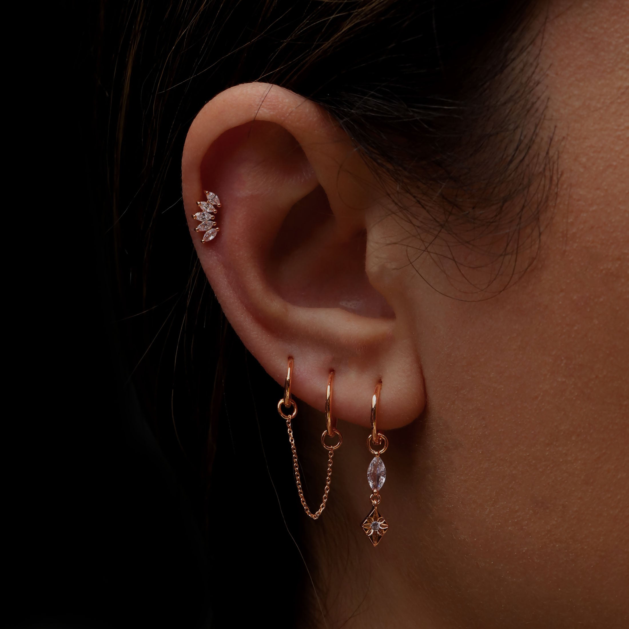 Bound Earring Chain 30mm On Model - Rose Gold