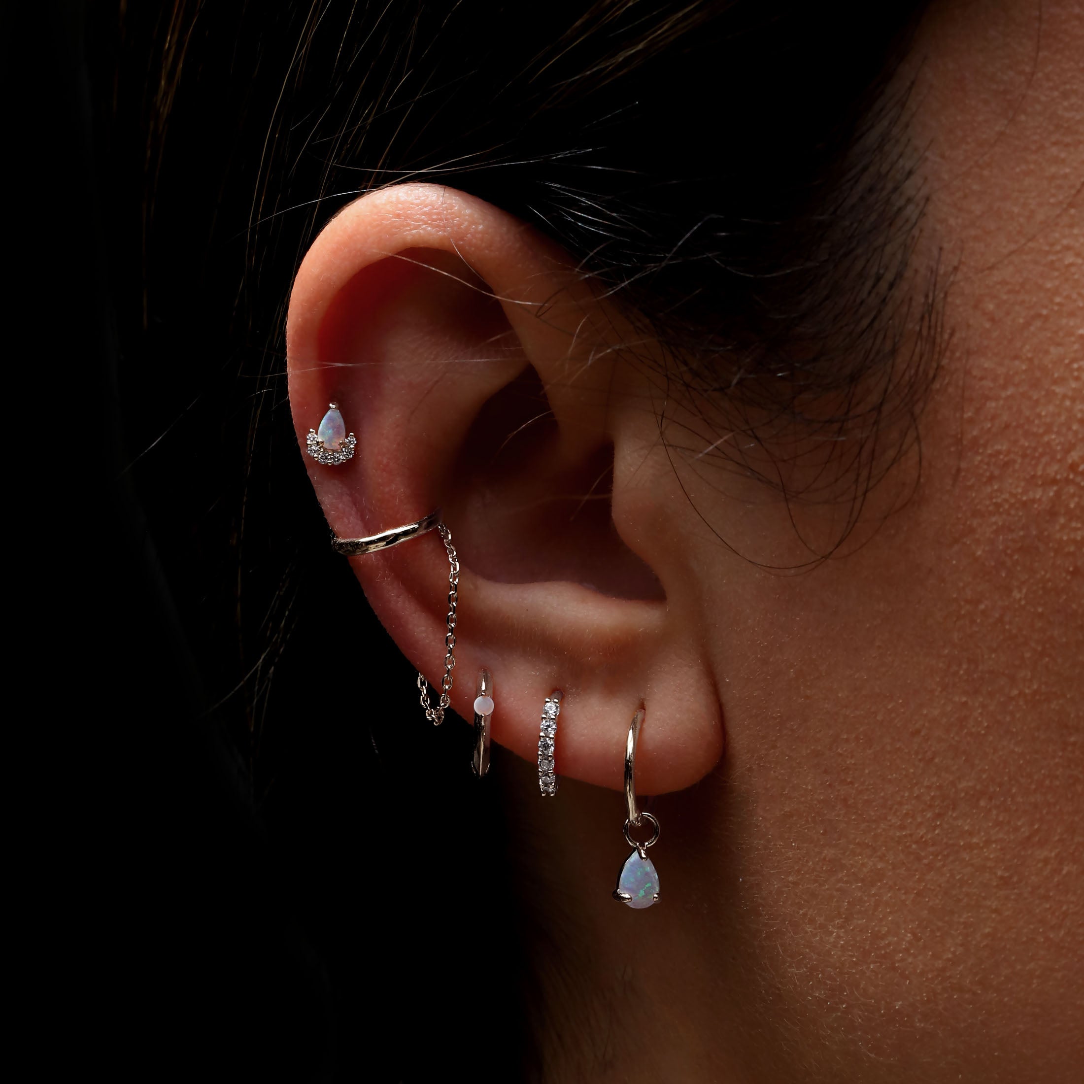 Gambit Teardrop Opal Earring Charm On Model - Silver