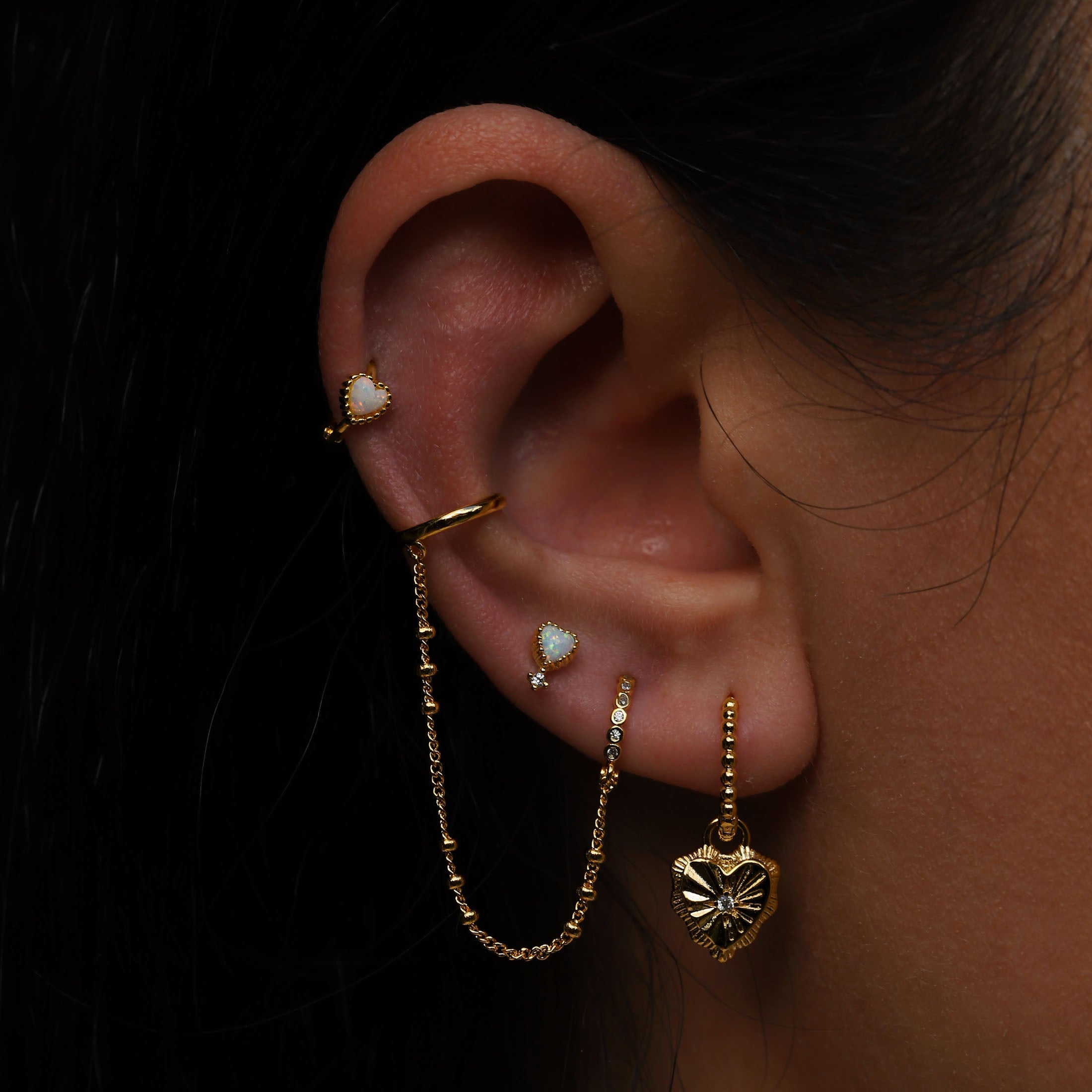 Affection Heart Opal Huggie Earring Hoops On Model - Gold