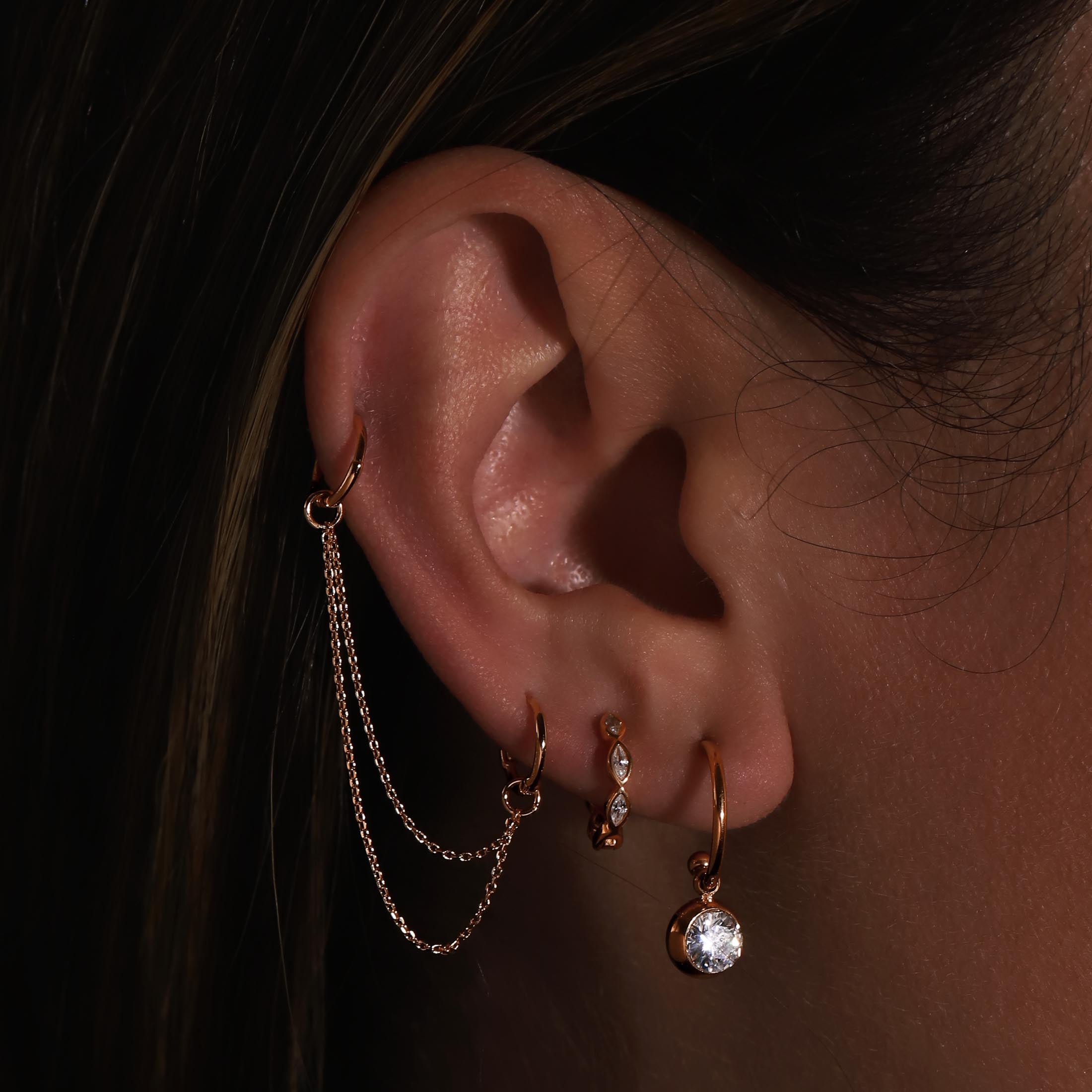 Almost Gemstone Stud Earring Half Hoops On Model - Rose Gold