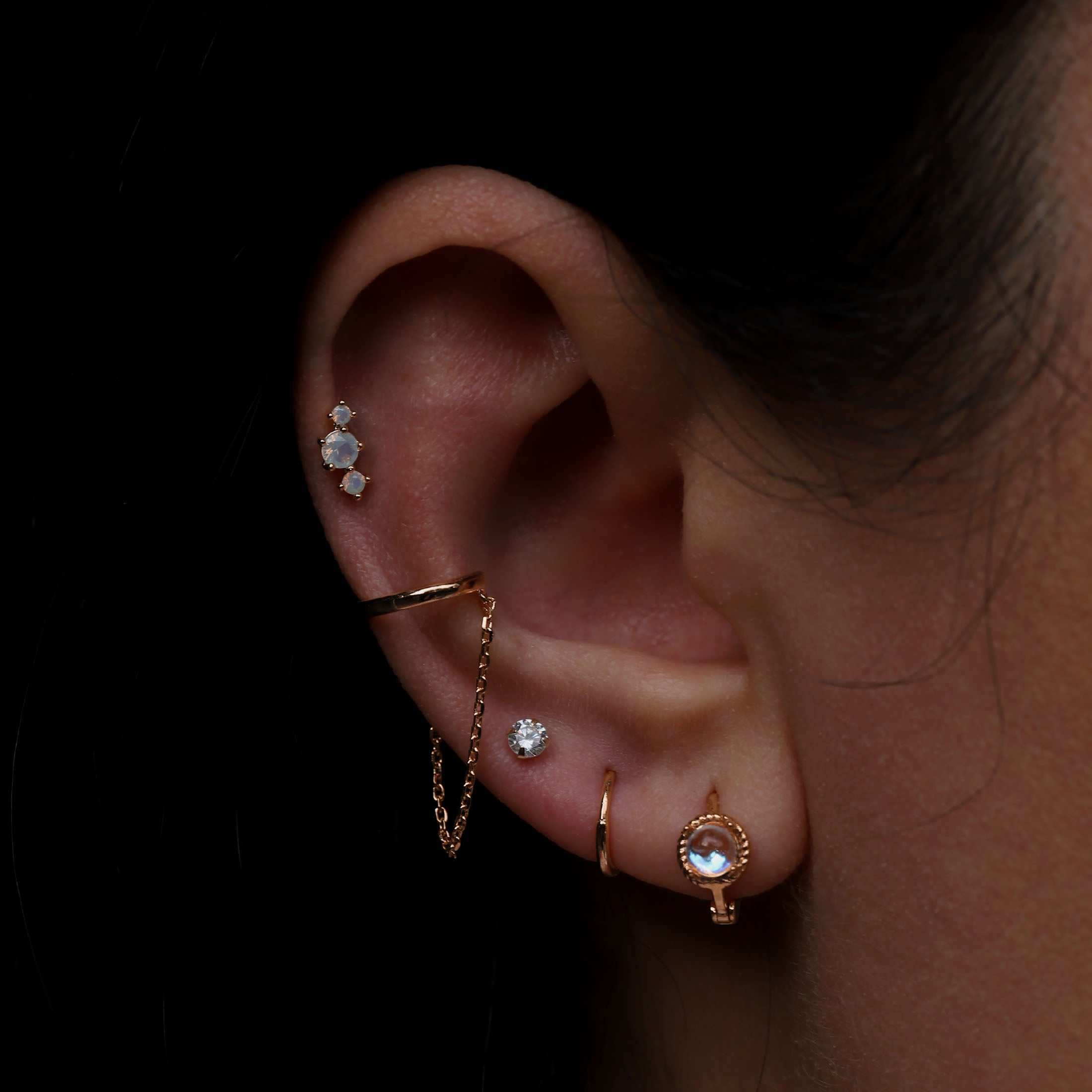 Ariel Moonstone Huggie Earring Hoops On Model - Rose Gold