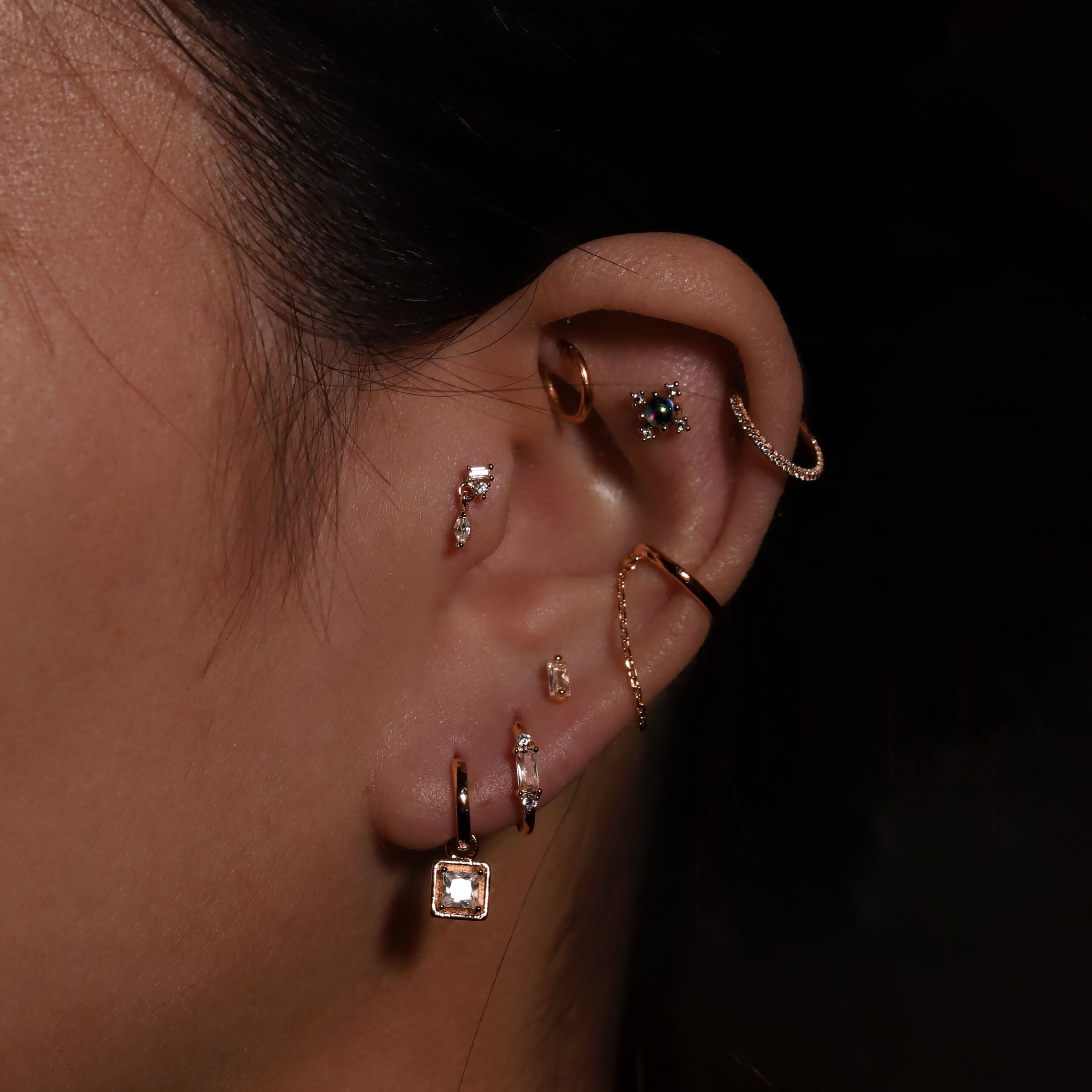 Artemis Square Gemstone Pendant Earring Huggie Hoops On Model - Rose Gold
