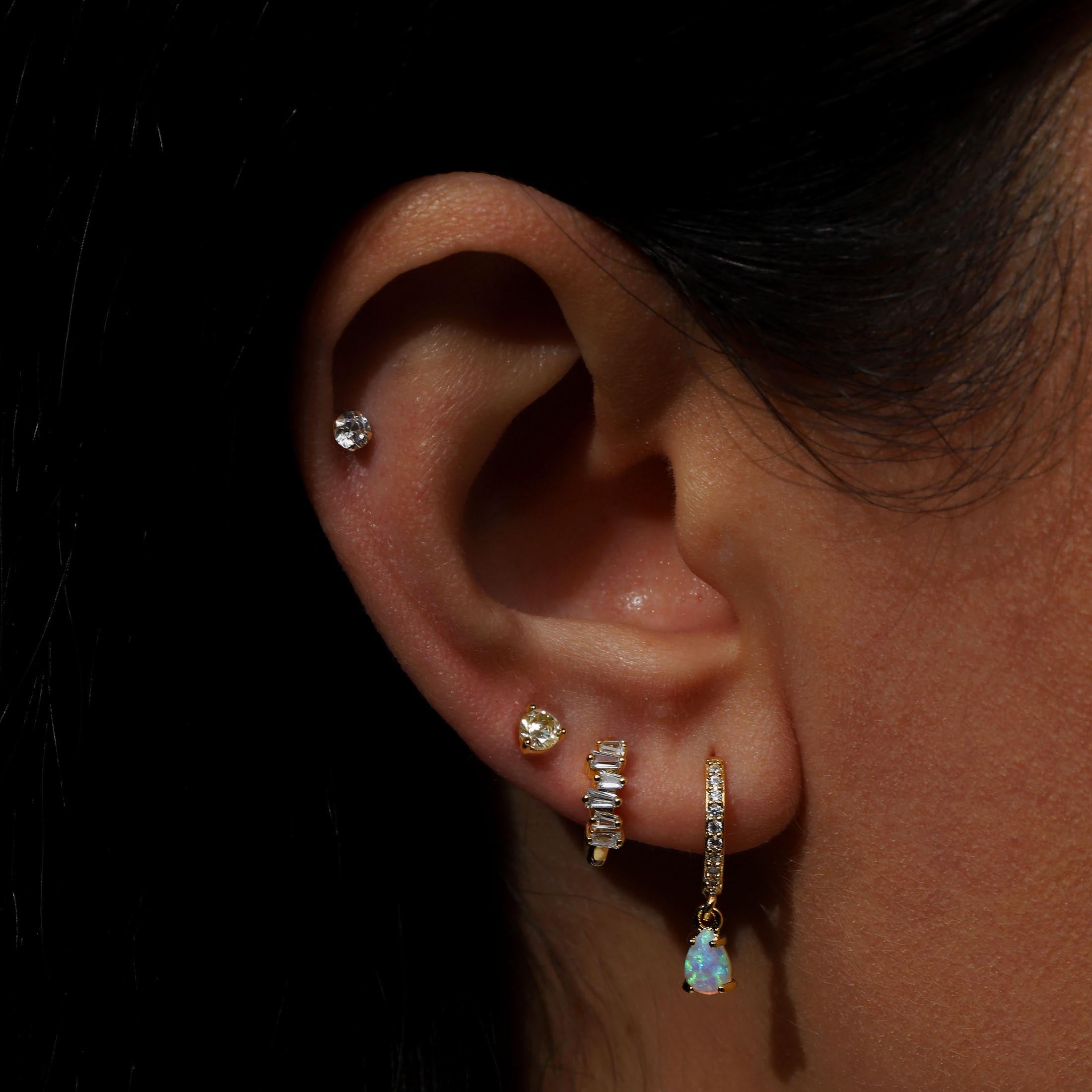 August Peridot Birthstone Earrings Studs On Model - Gold